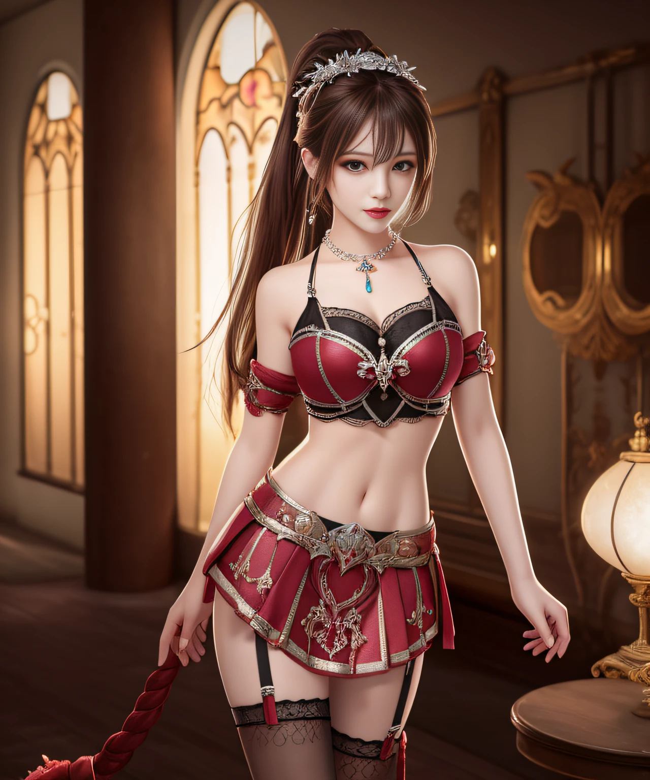Tied Goddess, Best Quality, Masterpiece, High Resolution, 1girl, Porcelain Skirt, Hair Accessories, Necklace, Jewelry, Beautiful Face, Body Rope Binding, Tyndall Effect, Realism, Dark Studio, Edge Lighting, Two-tone Lighting, (High Detail Skin: 1.2), 8K UHD, DSLR, Soft Light, High Quality, Volume Light, Voyeur, Photo, High Resolution, 4K, 8K, Vampire, Best Full Body Quality, Masterpiece, High Resolution, 1 Girl, Ancient Armor, Pink metal skinny armor, chest pattern, single ponytail, hair accessory, necklace, jewelry, beautiful face, upon_body, belly exposed, arms exposed, tyndall effect, stockings, realistic, edge lighting, two-tone illumination, (high detail skin: 1.2), 8k ultra hd, DSLR, soft lighting, high quality, volumetric lighting, frank, photos, high resolution, lace stockings, barefoot