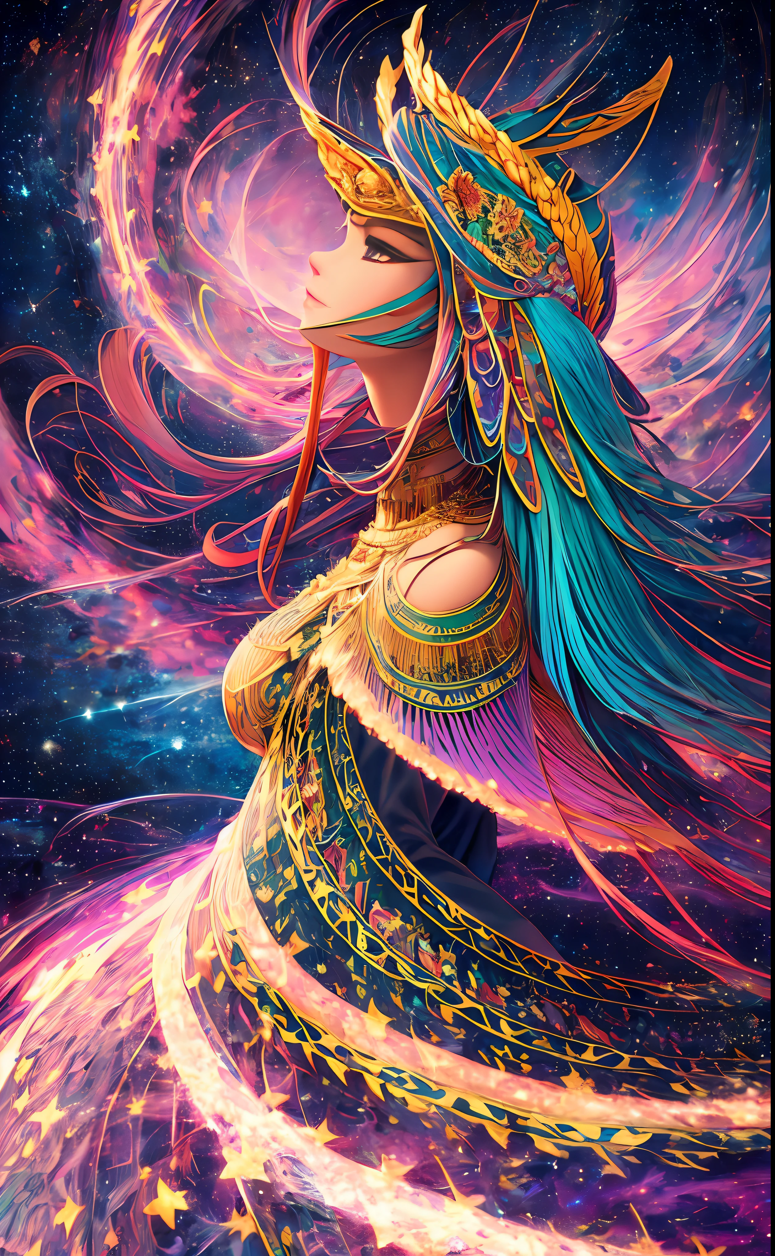 ((Masterpiece)), (Best Quality)), 8K, high detail, hyper-detail,Quetzalcoatl ,mayan ritual , godess,woman,man ,purple mushroom dress ,fractal art,flying in the sky ,coming out of the top of a Mesoamerican pyramid, inside a ray of light ,in a night full of stars and the milky way all around ,alex grey style ,psychedelic --auto