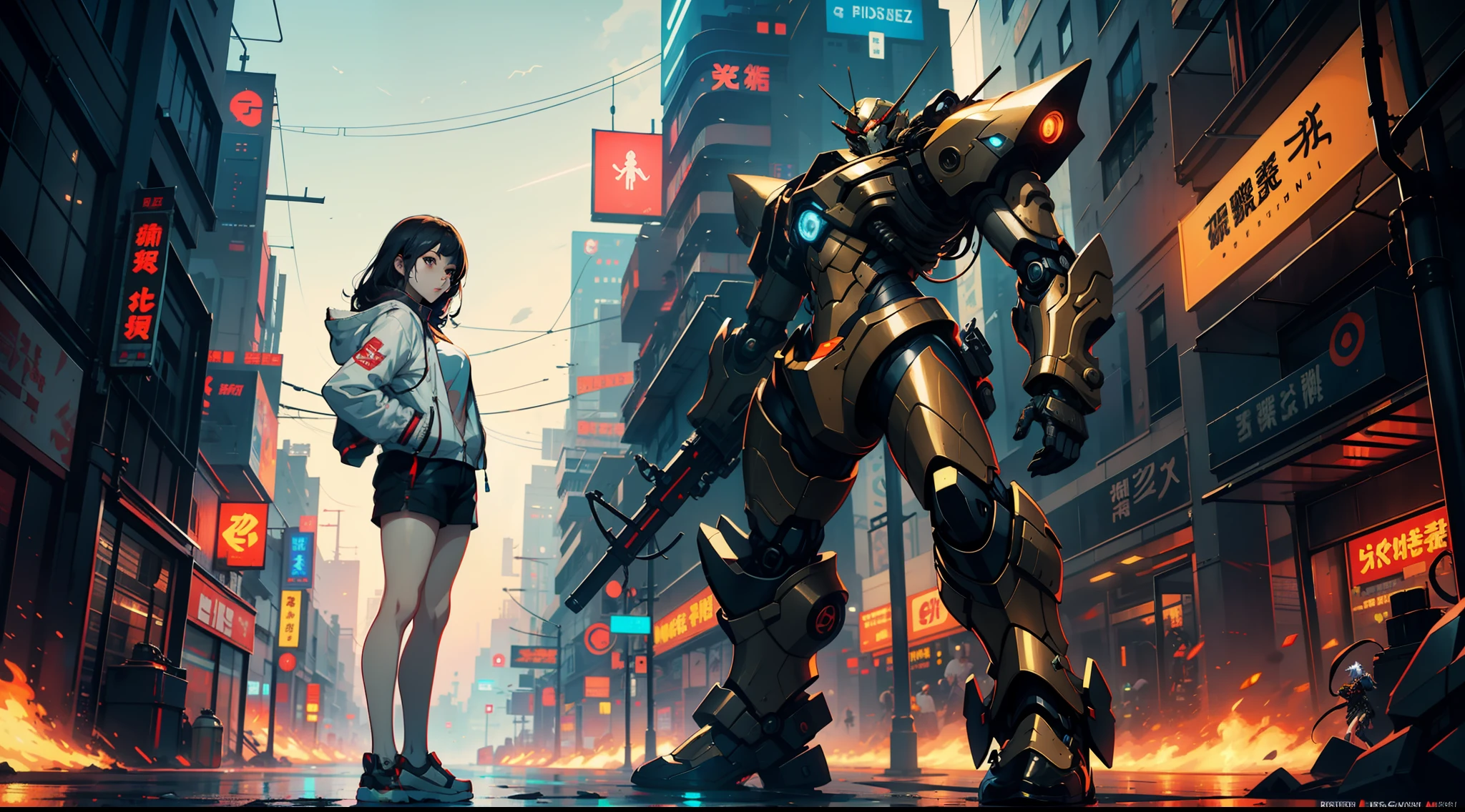 Boutique,best quality,Gold jewelry,(slip out feet),Fairy skin,(Fidelity :1.2),Standing,Super Detailed,realistic,High quality,Movie Light,Ray tracking,Ultra HD,Upper body
Girl in shorts and jacket standing next to giant robot, Guweiz style artwork, CyberPunk mech, Trends on CGSTATION, Guweiz, Russell Dongjun Lu, digital cyberpunk anime art, Ross Tran 8 K, Guweiz on ArtStation Pixiv, Girl in mecha network armor