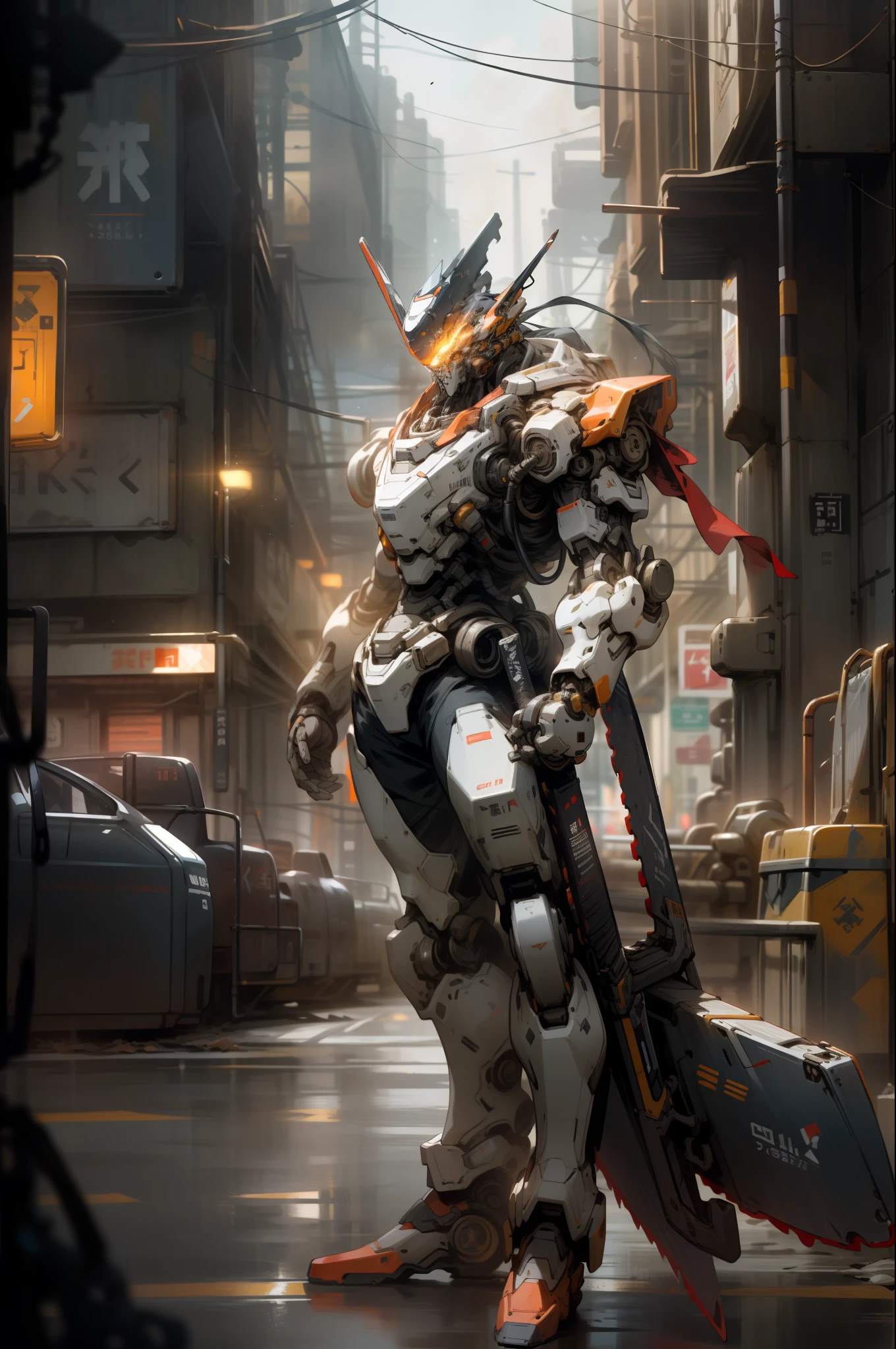 On the moon, barren planet, ruins, holding weapons, no humans, glowing, robot, building, glowing eyes, orange mech, science fiction, city, reality, mecha, galaxy background, full body, neon, cyber Punk, 8K wallpapers, ultra-detailed artwork, cinematic lighting, realistic photos, Dark_Fantasy, Cyberpunk, (chain saw, chain saw man, Red: 1.1), 1man, Mechanical marvel, Robotic presence, Cybernetic guardian, wearing a worn-out machine armor suit, intricate, (steel metal [rust]), elegant, sharp focus, photographed by greg rutkowski, soft lighting, vibrant colors, masterpiece, ((street)), cowboy shot, dynamic pose,