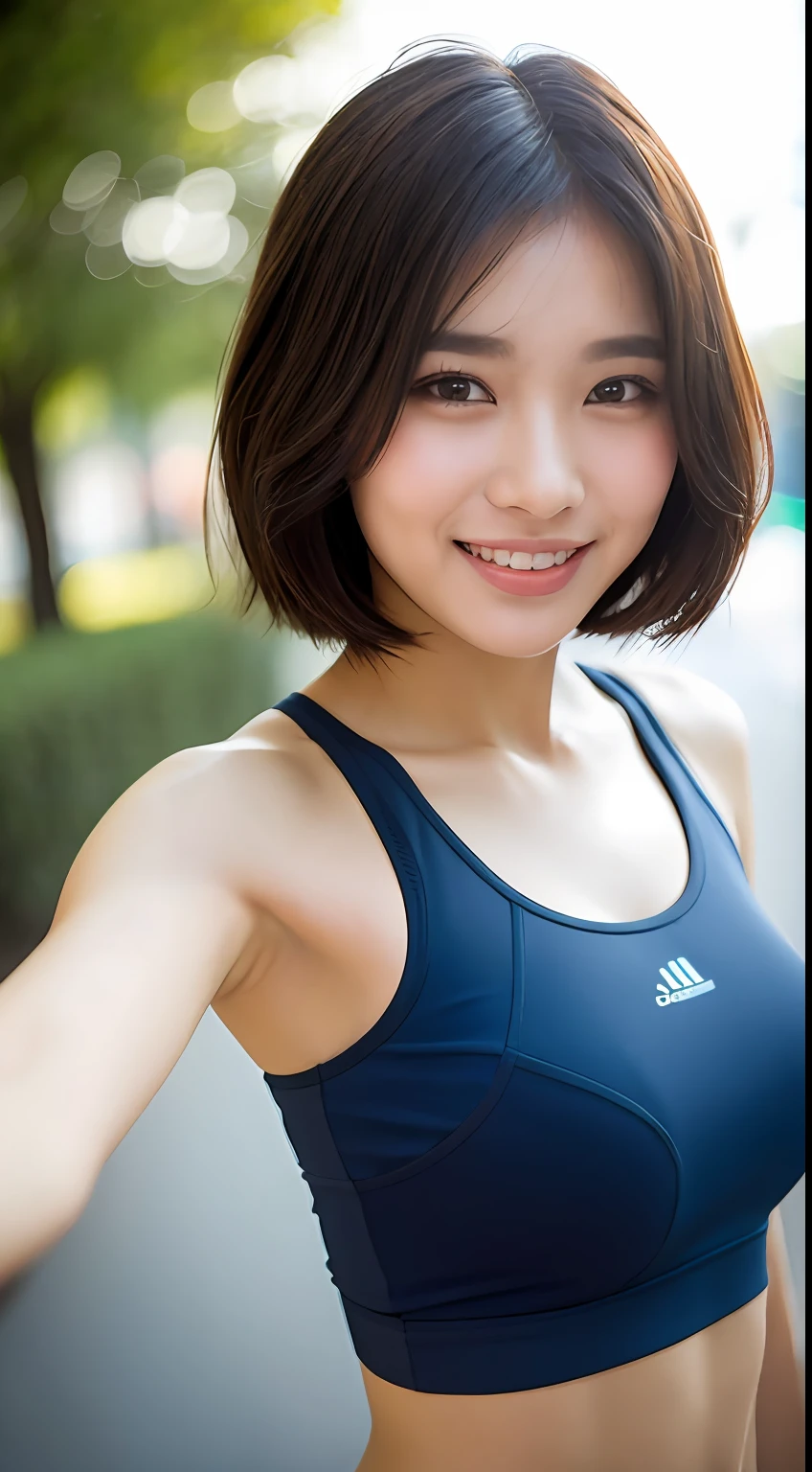 ((Top Quality, 8k, Masterpiece: 1.3)), Sharp Focus: 1.2, Perfect Body Shape Pretty Woman: 1.4, Slender Abs: 1.2, (Layered Haircut, Big: 1.8), (Sports Bra: 2.0), (Jogging: 1.8), (Street: 1.2), Highly Detailed Face and Skin Texture, Detailed Eyes, Double Eyelids, Smile, Bokeh,