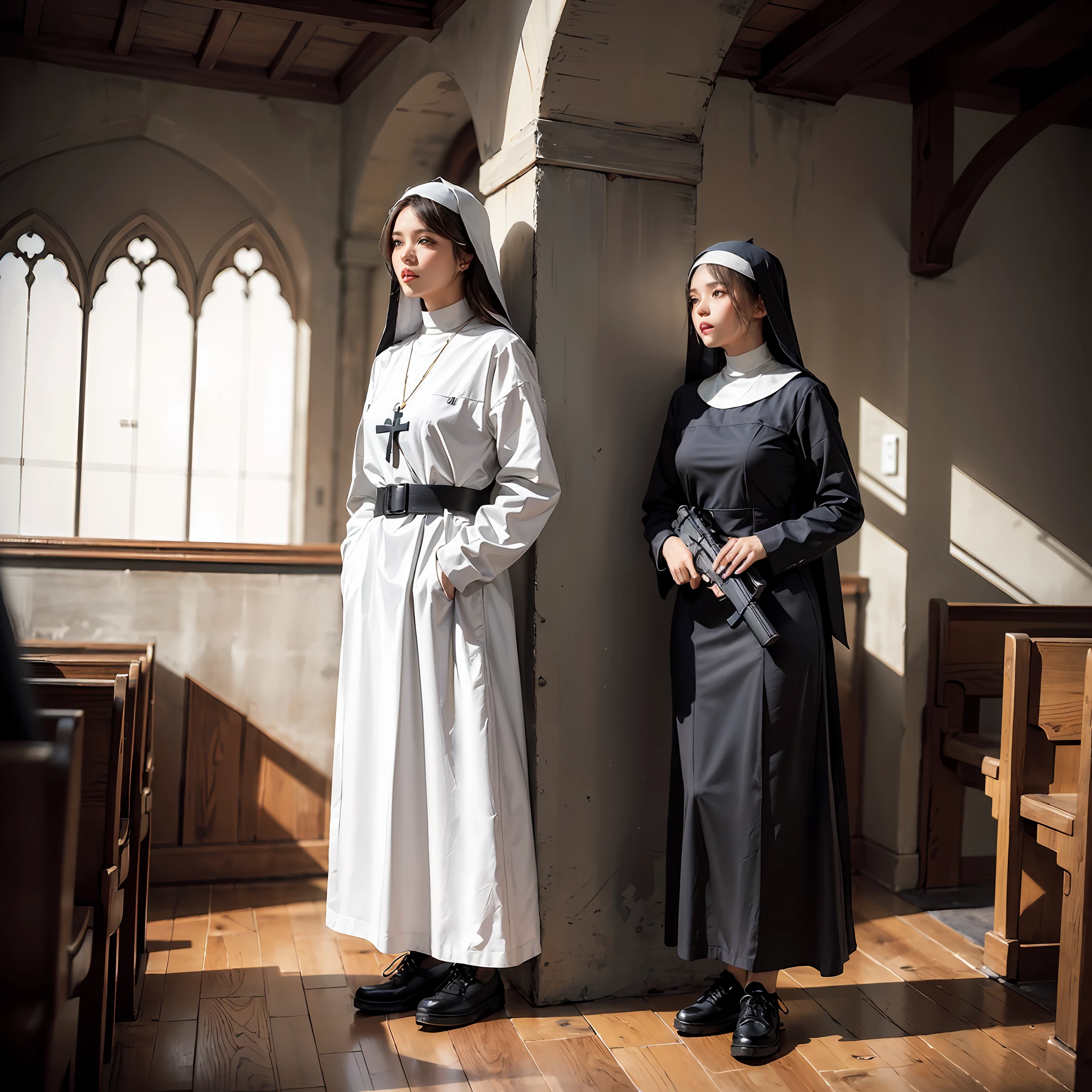 a beautiful sexy nun, holding a gun, gangster nun, church setting, shootout, full body shot, photorealistic, (hi-top fade:1.3), full body shot, long hair soothing tones, muted colors, high contrast, (natural skin texture, hyperrealism, soft light, sharp),