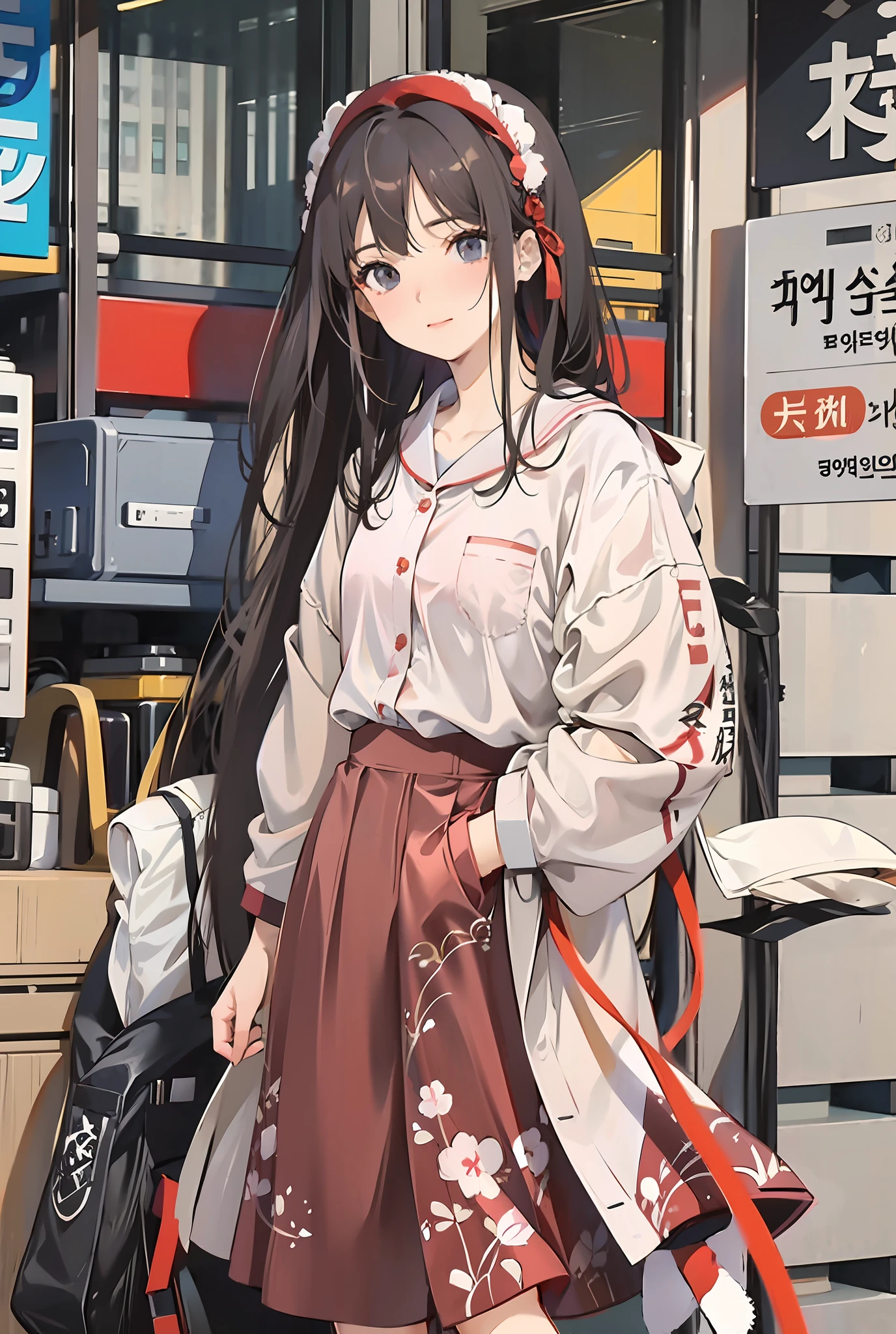 Arapei asian woman posing for photo in long skirt, wearing long and smooth clothes, korean female fashion model, urzang, realistic. Cheng Yi, style anime, cgstation trend, realistic cute girl painting, high quality portrait, cute and elegant pose, cute art style, cheng yanjun, young cute girl, white hair, ((red headdress)), pajamas
