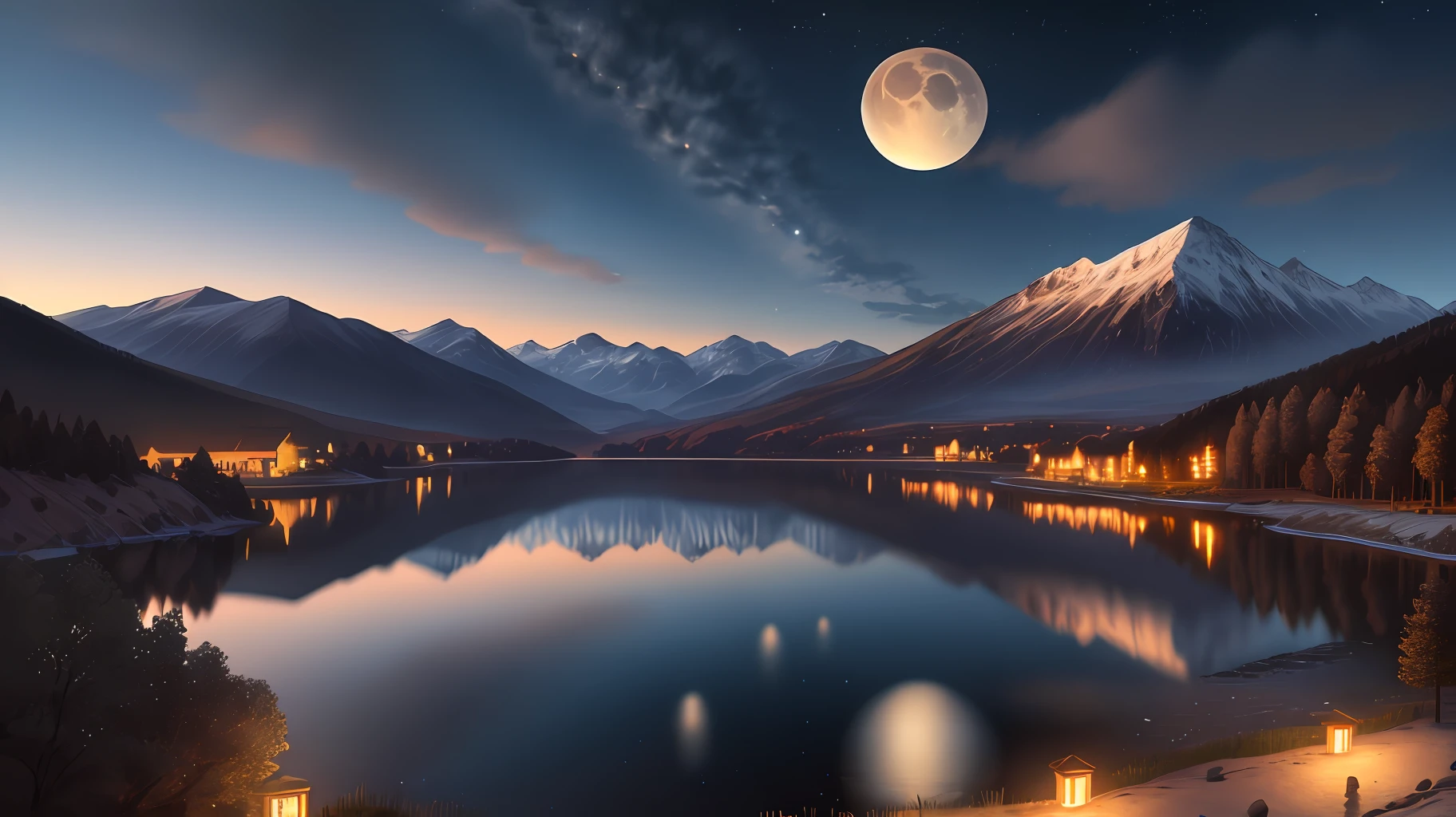 Very starry night. A giant moon behind the mountains. A tranquil lake reflecting the night. Realistic scene, detailed, photorealism, 8k