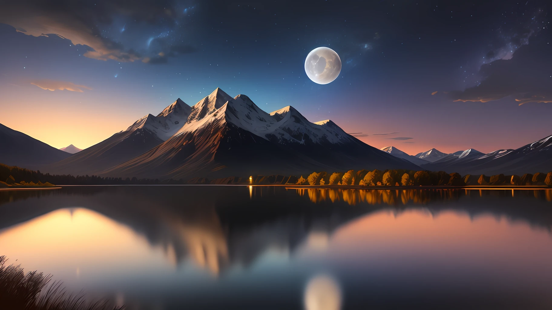 Very starry night. A giant moon behind the mountains. A tranquil lake reflecting the night. Realistic scene, detailed, photorealism, 8k