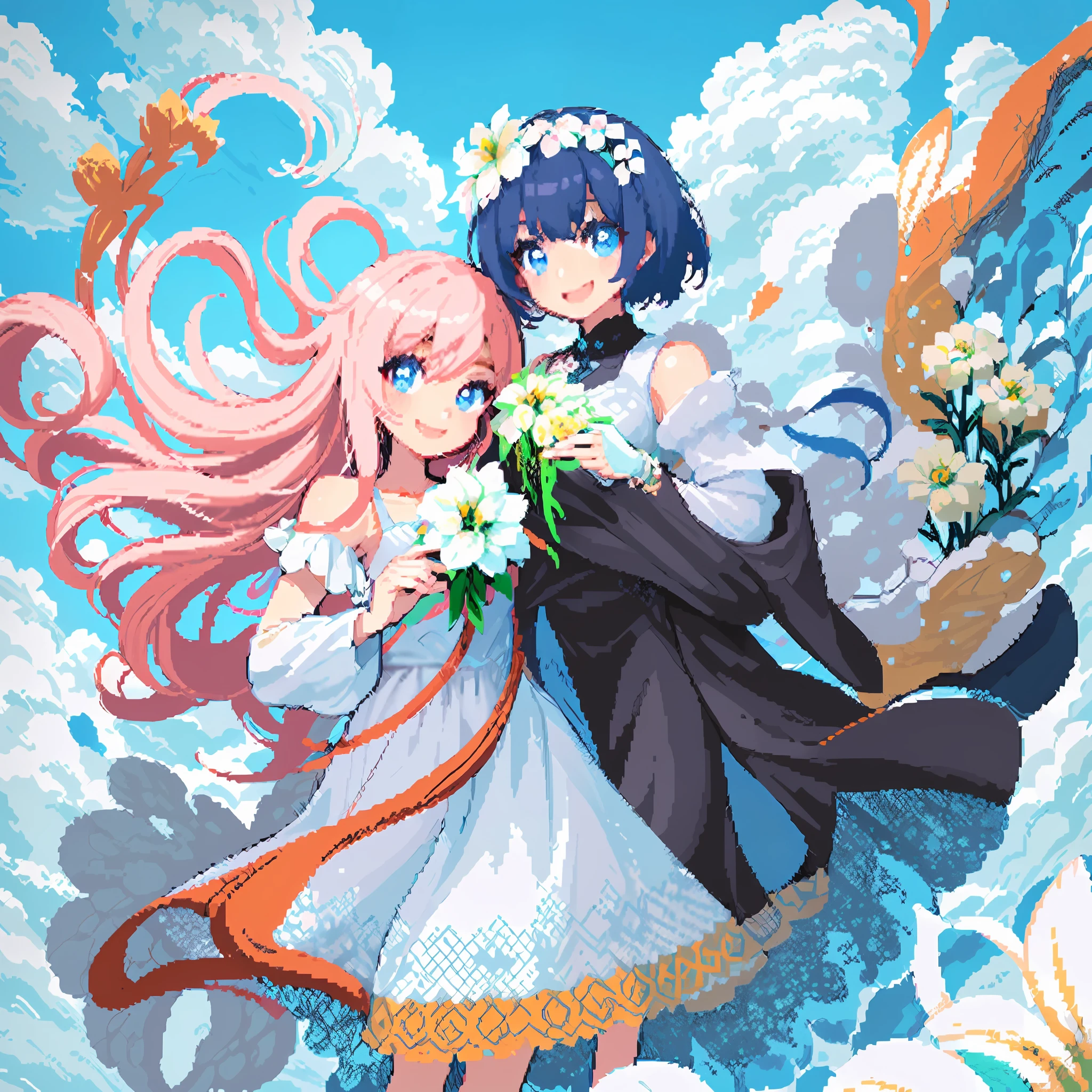 Two girls, beautiful light blue eyes, seductive smile, holding a bouquet of white flowers in front of chest, light pink hair, long hair, beautiful white dress, dark blue hair, white flower hair ornament, short cut, white and dark blue dress, blue sky, white clouds, clear weather, pastel colors, happiness, love