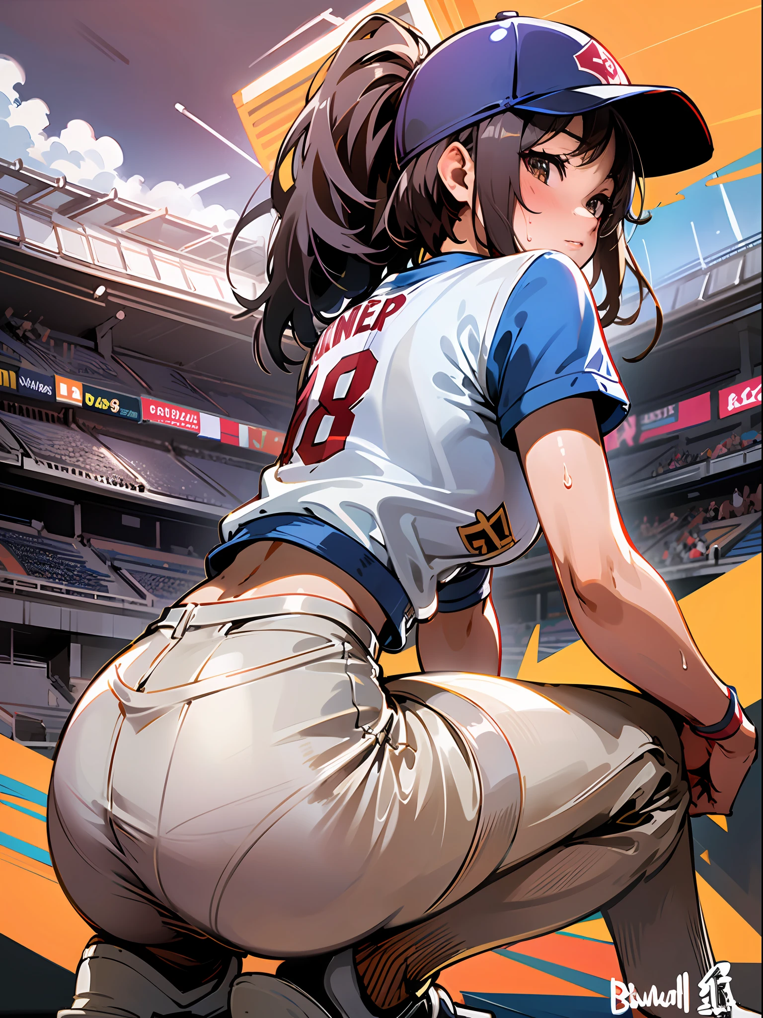 masterpiece, super high quality, super detail, perfect drawing, solo, girl, softball club, baseball shirt, ((hot pants)), (elbow support), baseball shoes, sun visor, back figure, muscular butt, squatting in the next batter's circle, ((with both hands on a raised bat)), butt thrust pose, bulging bust top, blush, sweat, Tanned skin: (1.5), serious gaze, 18 years old, stadium, summer sky, cumulonimbus, shot from diagonally behind, bust up, see-through, panty line,