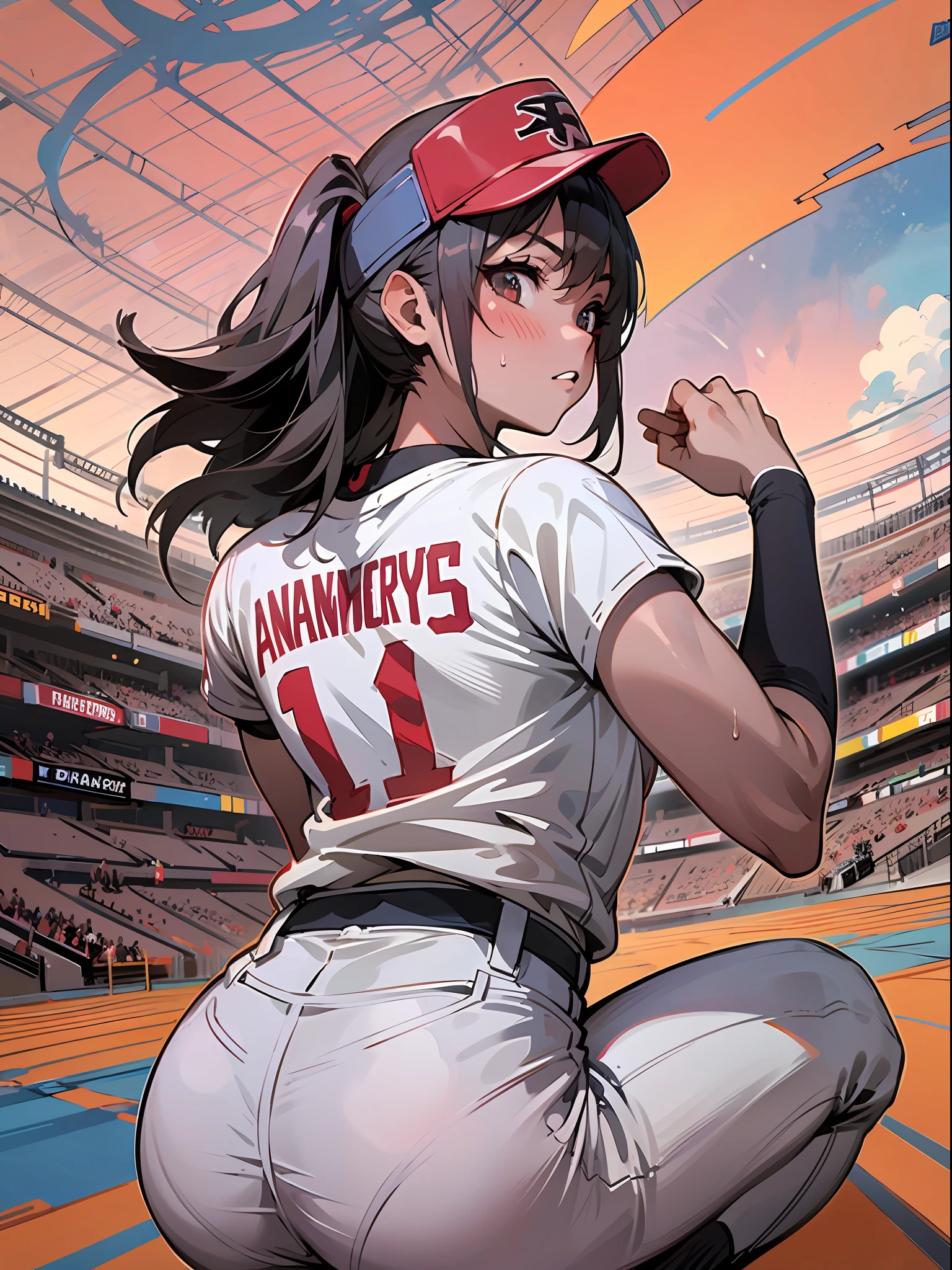 masterpiece, super high quality, super detail, perfect drawing, solo, girl, softball club, baseball shirt, ((hot pants)), (elbow support), baseball shoes, sun visor, back figure, muscular butt, squatting in the next batter's circle, ((with both hands on a raised bat)), butt thrust pose, bulging bust top, blush, sweat, Tanned skin: (1.5), serious gaze, 18 years old, stadium, summer sky, cumulonimbus, shot from diagonally behind, bust up, see-through, panty line,