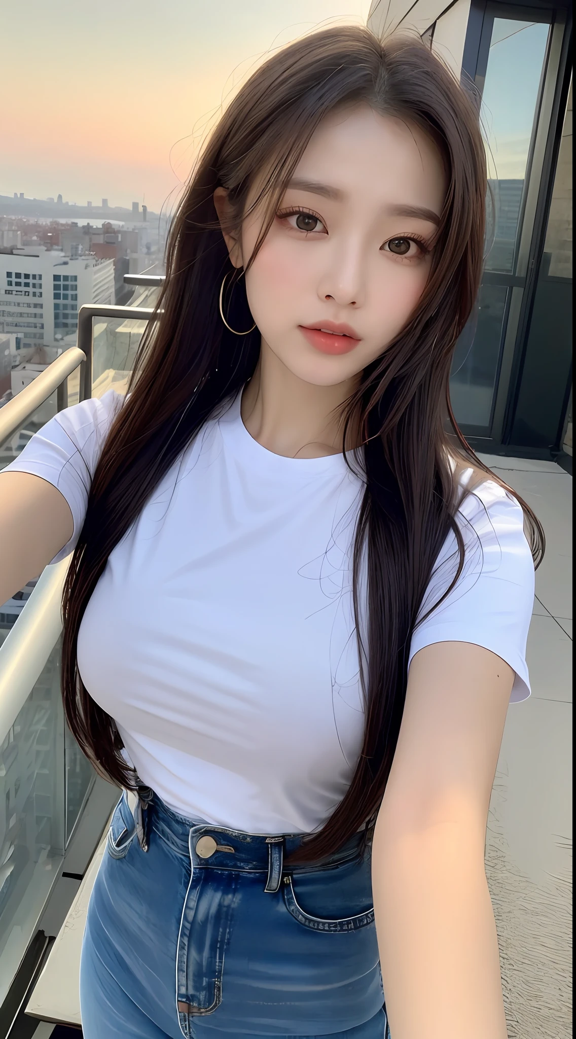 ((Midnight, Best quality, 8k, Masterpiece :1.3)), Whole body, Long legs, Sharp focus :1.2, A pretty woman with perfect figure :1.4, Slender abs :1.1, ((Dark brown hair, Big breasts :1.2)), (White tight tshirt, Jean bib, Standing:1.2), ((Night city view, Rooftop:1.3)), Highly detailed face and skin texture, Detailed eyes, Double eyelid