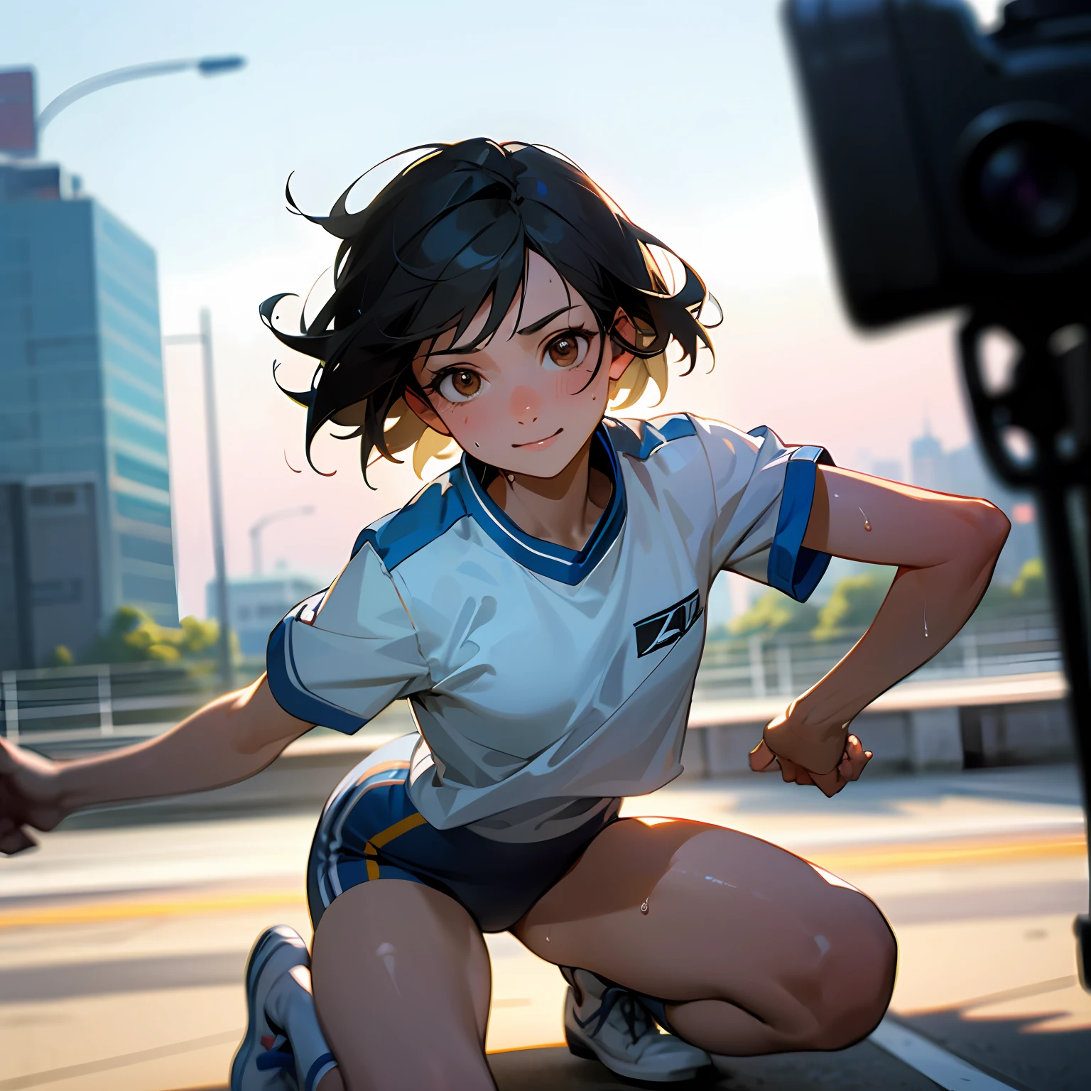 1 Girl, Solo, White T-Shirt, White Sneakers, Marathon Wear, White Uniform, Masterpiece, Top Quality, Realistic, Hyper Detail, (Glossy, Sweaty: 1.4), Absurdity, Camera Gaze, Short Black Hair, Brown Eyes, Slender, Dynamic Lighting, High Resolution, Sharp Focus, Depth of Field, Detailed Eyes, Sharp Eyes, Realistic Eyes, (Small: 1.6), (Thick Thighs:1.0), outdoor, sky, tired face, smile --auto