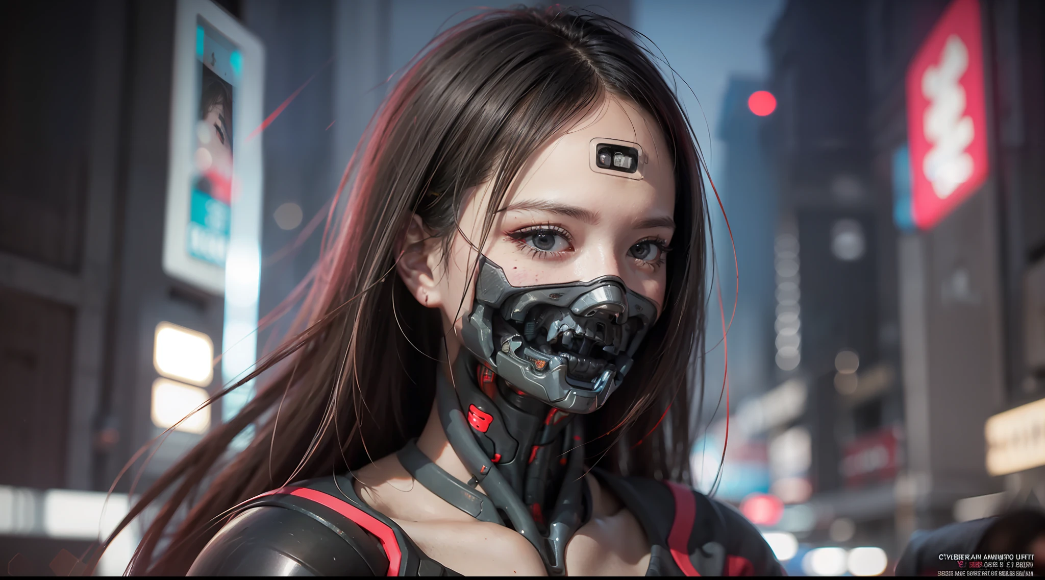 (Realistic:1.4), (Best Quality:1.0), (Super Resolution:1.0), 8K, RAW Photo, (Masterpiece:0.2), Upper Body, (Cybernetic_Jawless), (mask), mechanical parts, cybernetics, 1 girl, Asian, black eyes, black hair, (long hair: 1.2) bangs, (Cyberpunk City: 1.2), neon,