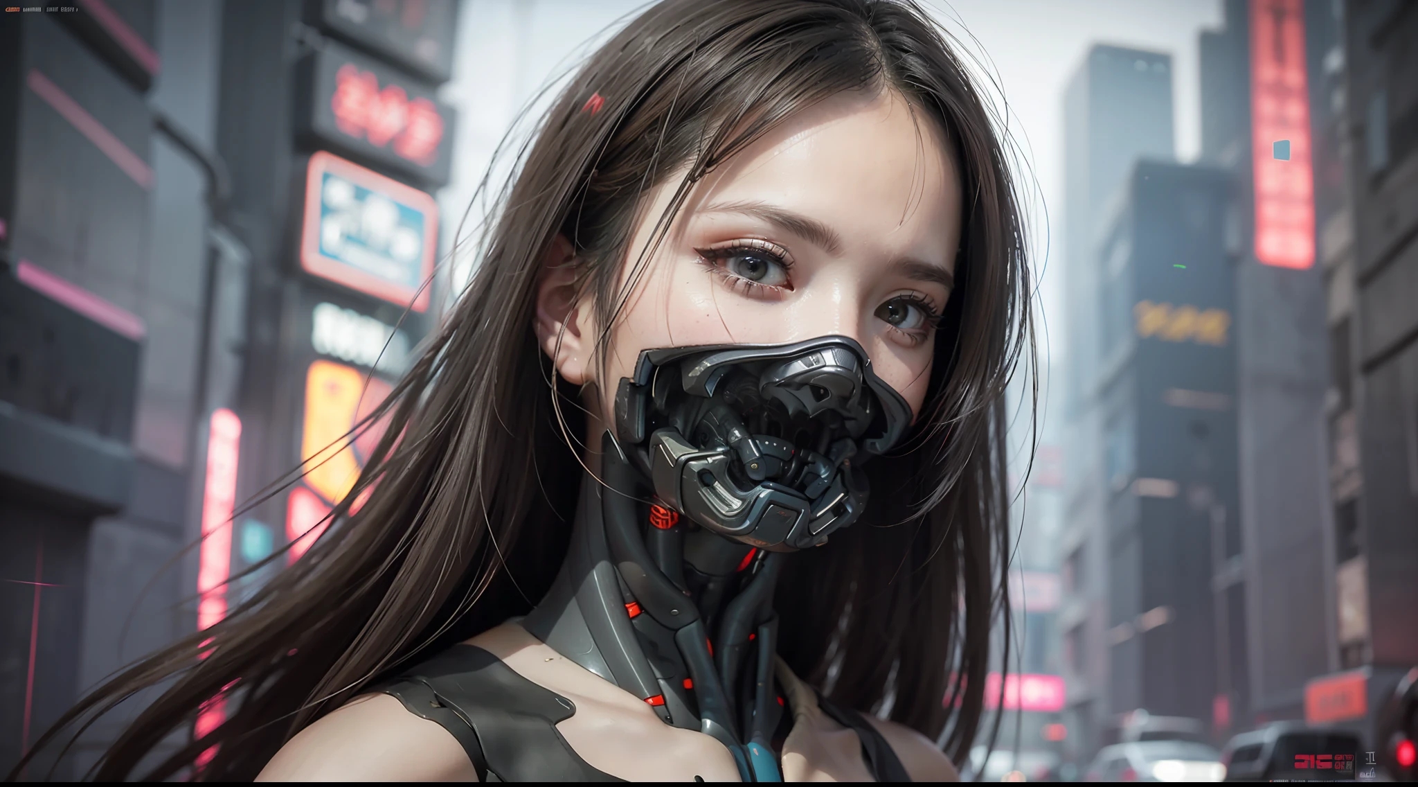 (Realistic:1.4), (Best Quality:1.0), (Super Resolution:1.0), 8K, RAW Photo, (Masterpiece:0.2), Upper Body, (Cybernetic_Jawless), (mask), mechanical parts, cybernetics, 1 girl, Asian, black eyes, black hair, (long hair: 1.2) bangs, (Cyberpunk City: 1.2), neon,