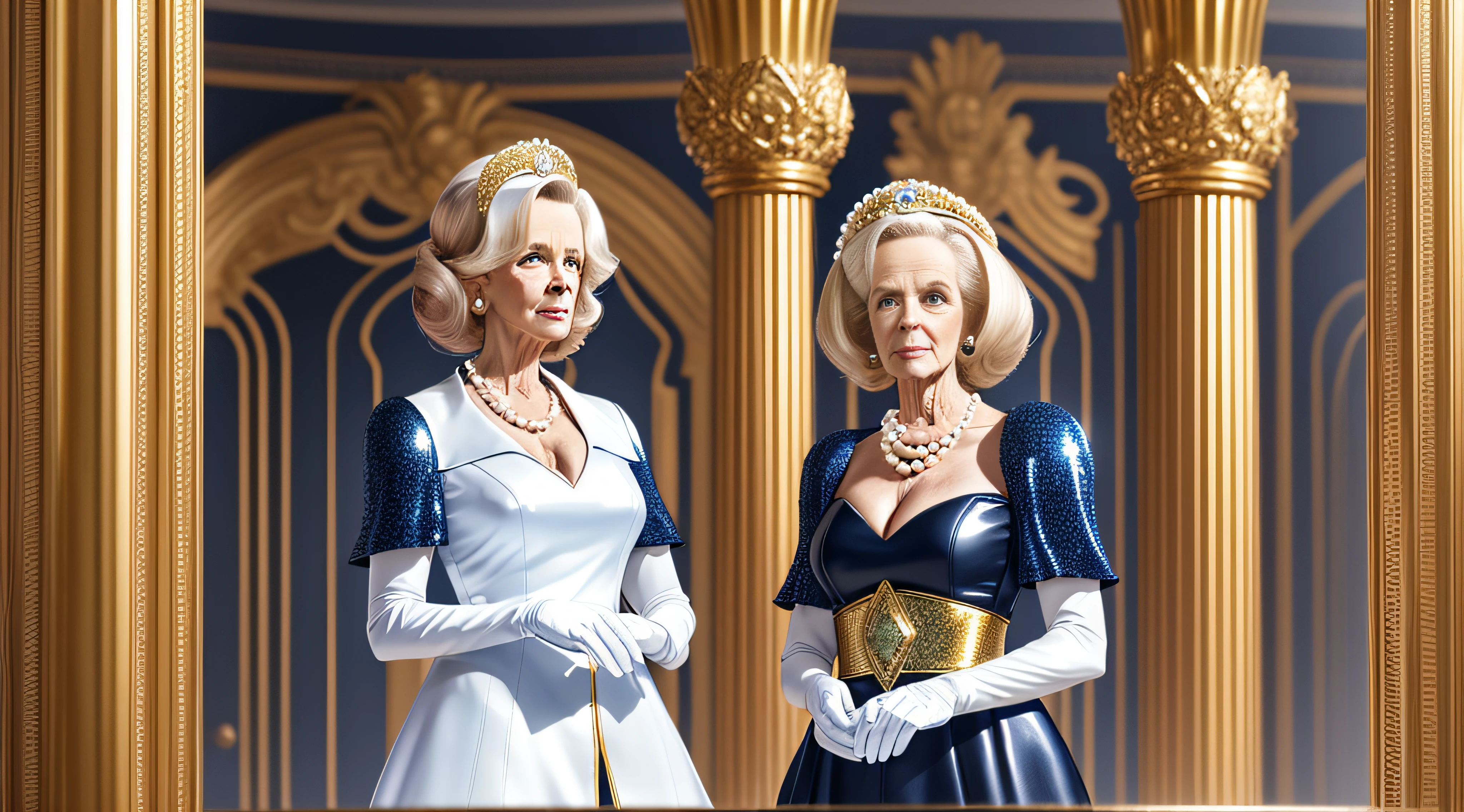 In an elegant office of high standing, decorated in ivory and gold tones, (((Barbara Cartland))) and (((Raine Spencer))) are standing in the center of the place. Their faces reflect power, coldness, arrogance and divism, while their eyes hypnotize with icy gazes. Both wear identical (leather) suits, with Raine in a dazzling blue and Barbara in a sophisticated pink. They wear white satin blouses with gold buttons, long skirts without cut-outs and metallic fine-heeled shoes in blue leather for Raine and pink leather for Barbara, both from Chanel. As accessories, they wear necklaces of three turns of white pearls, (((long gloves of white leather))) with three rings of diamonds and sapphires on the left hands, and silver bracelets on both wrists. Their faces, bodies and haircuts are represented with hyperrealism on an HD wallpaper, showing them full body, from head to toe.