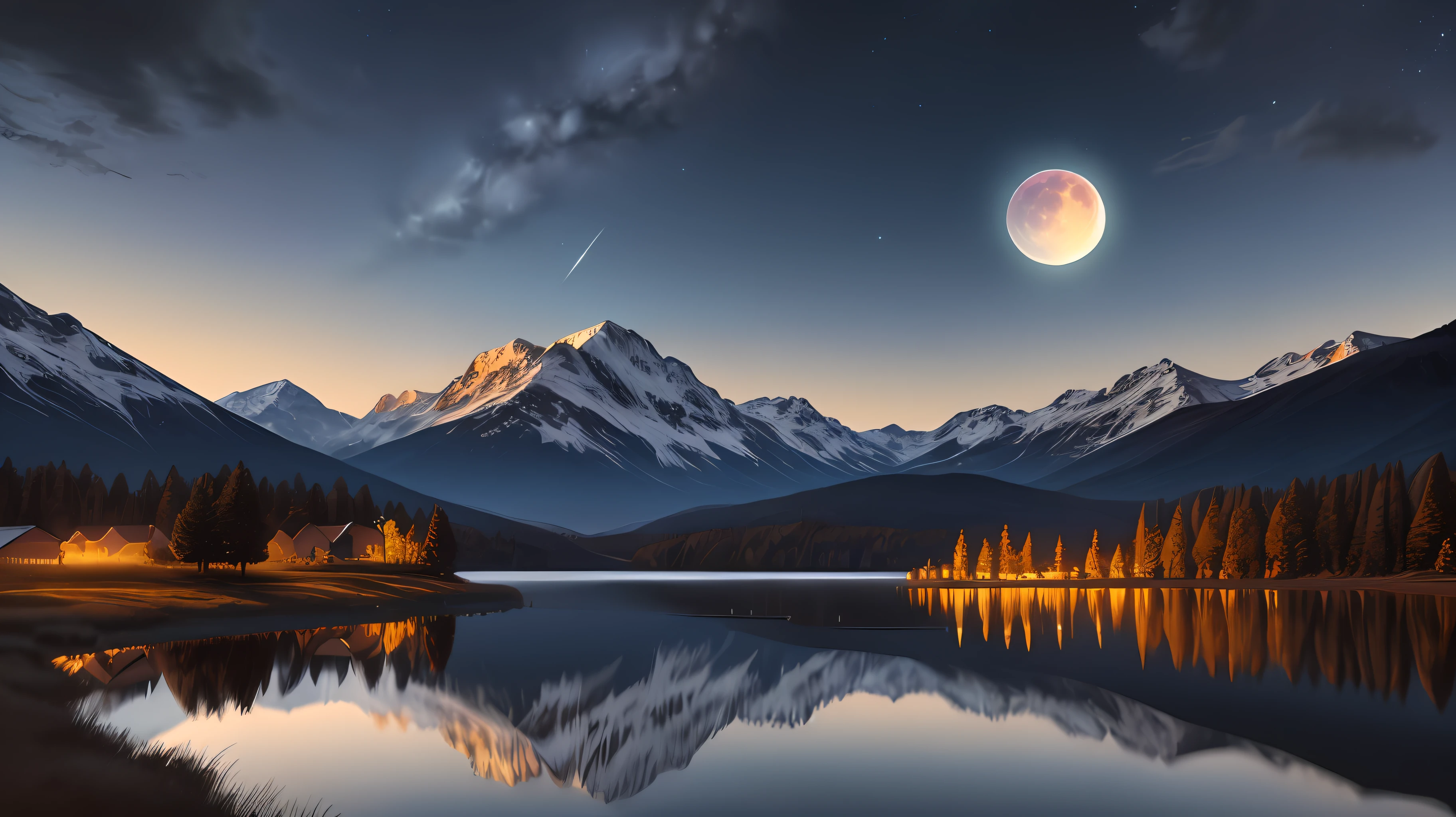 Very starry night. A giant moon behind the mountains. A tranquil lake reflecting the night. Realistic scene, detailed, photorealism, 8k