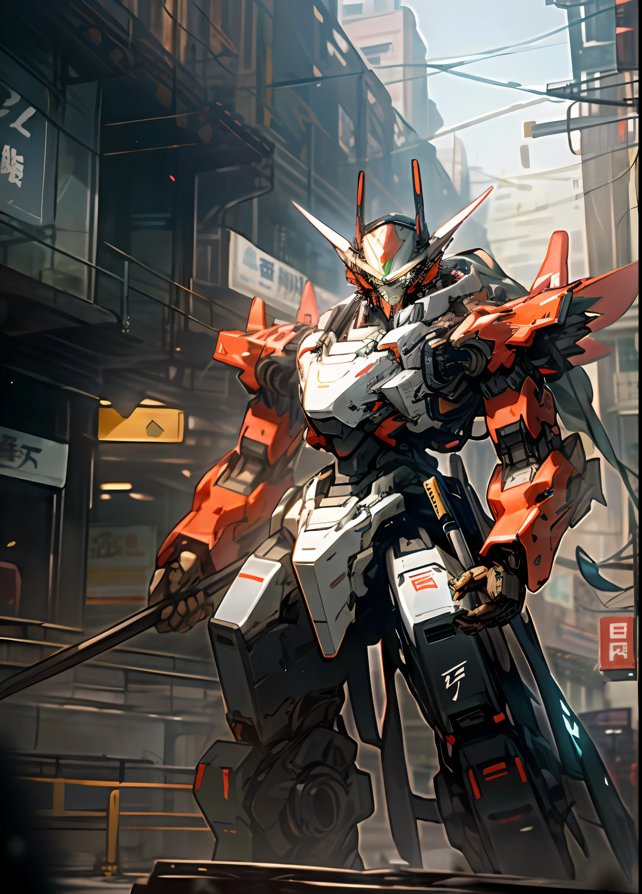 Chinese Li Ning, holding_weapon, no_humans, Glow, Robot, Architecture, glowing_eyes, Mecha, Science Fiction, City, Reality, Mecha