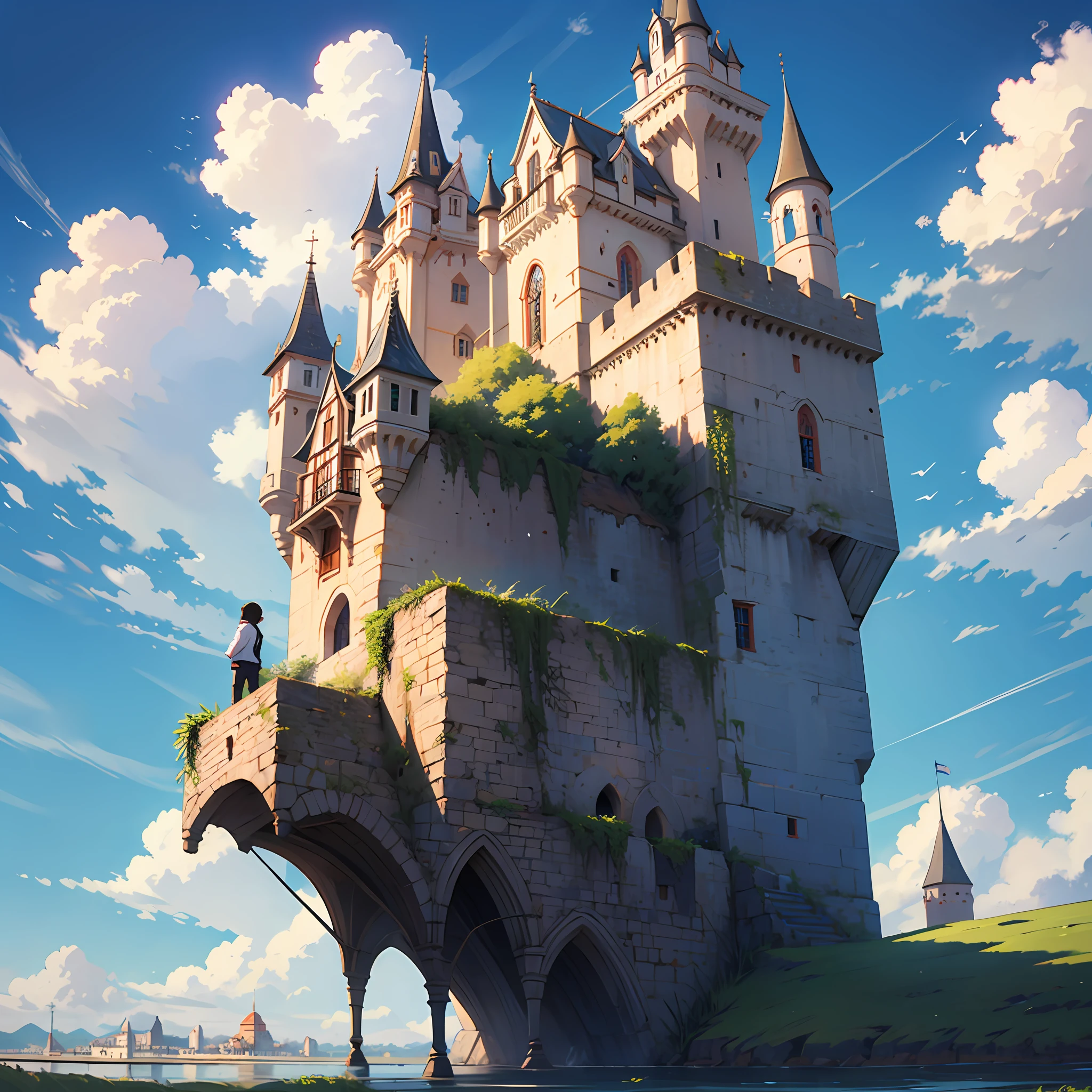 A floating castle, a boy looking up at the castle, clouds, flat steppe --auto