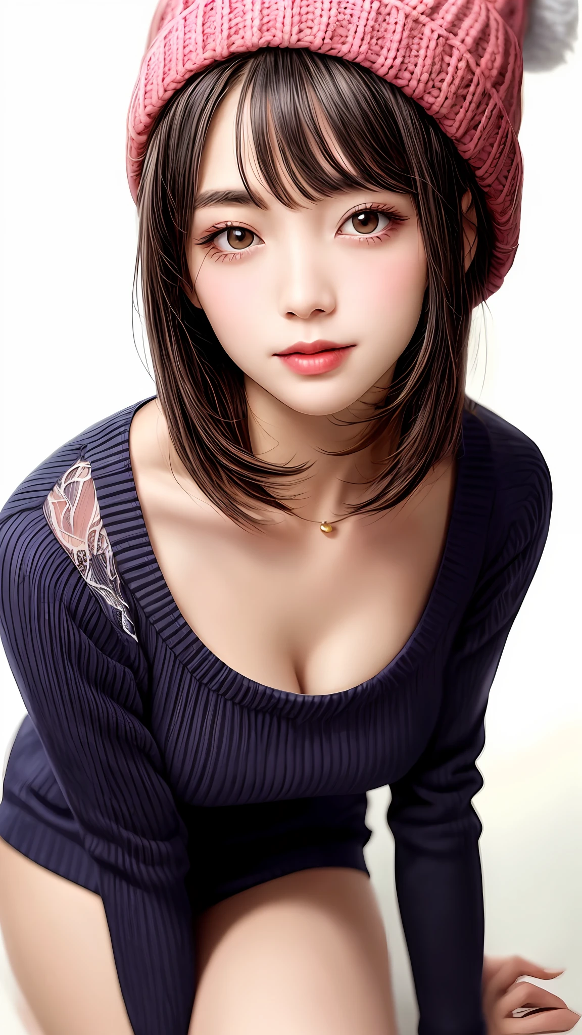 Pee (incontinence: 1.47), fashion trendy beautiful and attractive woman, gentle and attractive Chinese beautiful woman, Korean (kpop idol), delicate and sexy collarbone, attractive oval face, double eyelids, smart [peach] flower eyes, pink lips, small nose, bare shoulders, focus on face, [[face close-up], ultra high definition, super detail, White off-shoulder lace shirt, (((white lace panties), fresh and impressive, natural (large: 1.25), (kneel on the ground), (legs wide open), (legs spread), (from a low angle), (upright 1.5), (shiny skin: 1.4), (low angle)), perfect figure, areola, cleavage, armpit wrinkles, (floor urine)), (NSFW: 1.05), ( Showpiece, top quality, high precision)), one girl, (big, photorealistic: 1.4), (slightly above the camera, looking up at the camera, looking up, looking up at the camera, staring at the camera))), solo, solo, white background, snow-white background, mouth closed, happy smile, pretty black hair, short hair, big eyes, pronounced double eyelids, eyelashes, ears out, long neck, long neck, Absolute area, ((close-up of face, short hair with bangs)), 19 years old, attractive proportions, shiny skin, clean collarbone, golden ratio face, perfect face, teardrop mole, chest mole, bangs, clean bangs, beautiful bangs, lip gloss, thin lips, white skin, undressed, big breasts, small face, staring at the camera a little upwards, ((smiling a little at the camera, really nothing pure white backgroundBig big, big breasts, very big)), ((((uniform, shirt, knitted hat)))