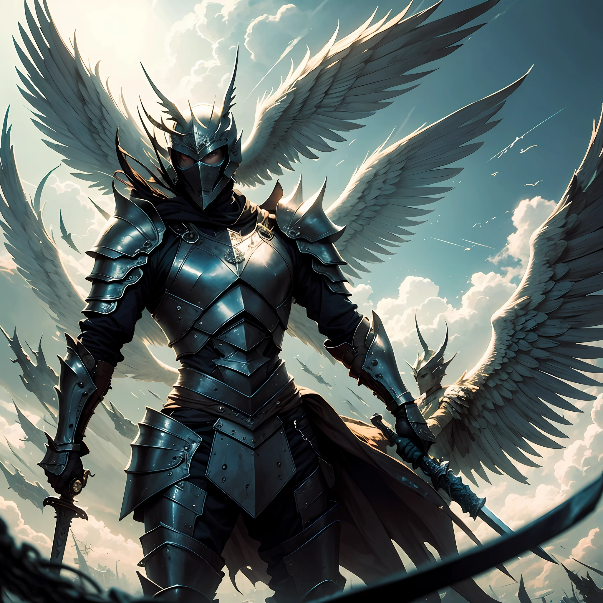 Angel, armored, holding sword, descending from heaven --auto