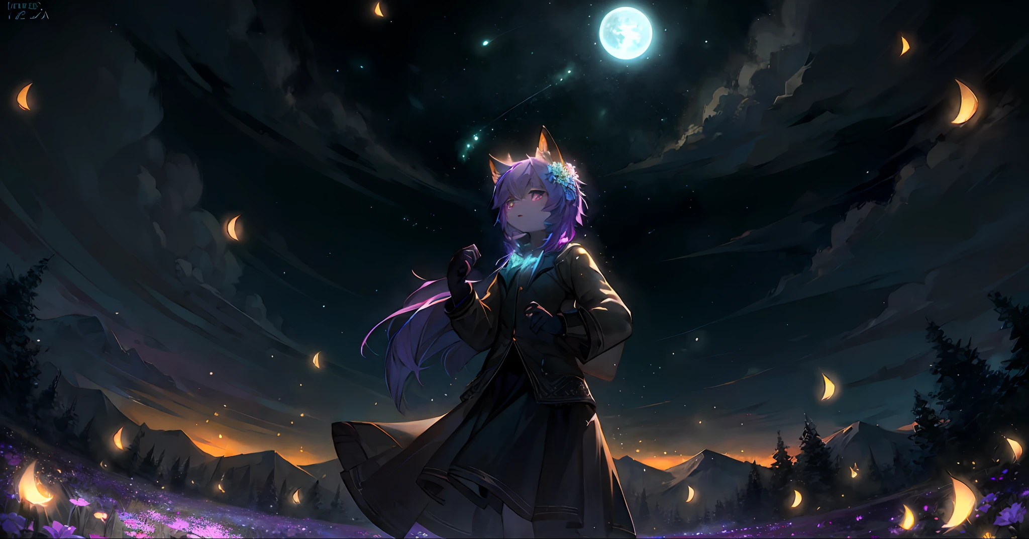 Vast landscape photo, (viewed from below, the sky is above and the open field is below), a girl standing on a flower field looking up, (full moon: 1.2), (meteor: 0.9), (nebula: 1.3), distant mountains , Trees BREAK Crafting Art, (Warm Light: 1.2), (Fireflies: 1.2), Lights, Lots of Purple and Orange, Intricate Details, Volumetric Lighting, Realism BREAK (Masterpiece: 1.2), (Best Quality), 4k, Ultra-Detailed, (Dynamic Composition: 1.4), Very Detailed, Colorful Details, (Rainbow Colors: 1.2), (Glow Lighting, Atmospheric Lighting), Dreamy, Magical, (Solo: 1.2)