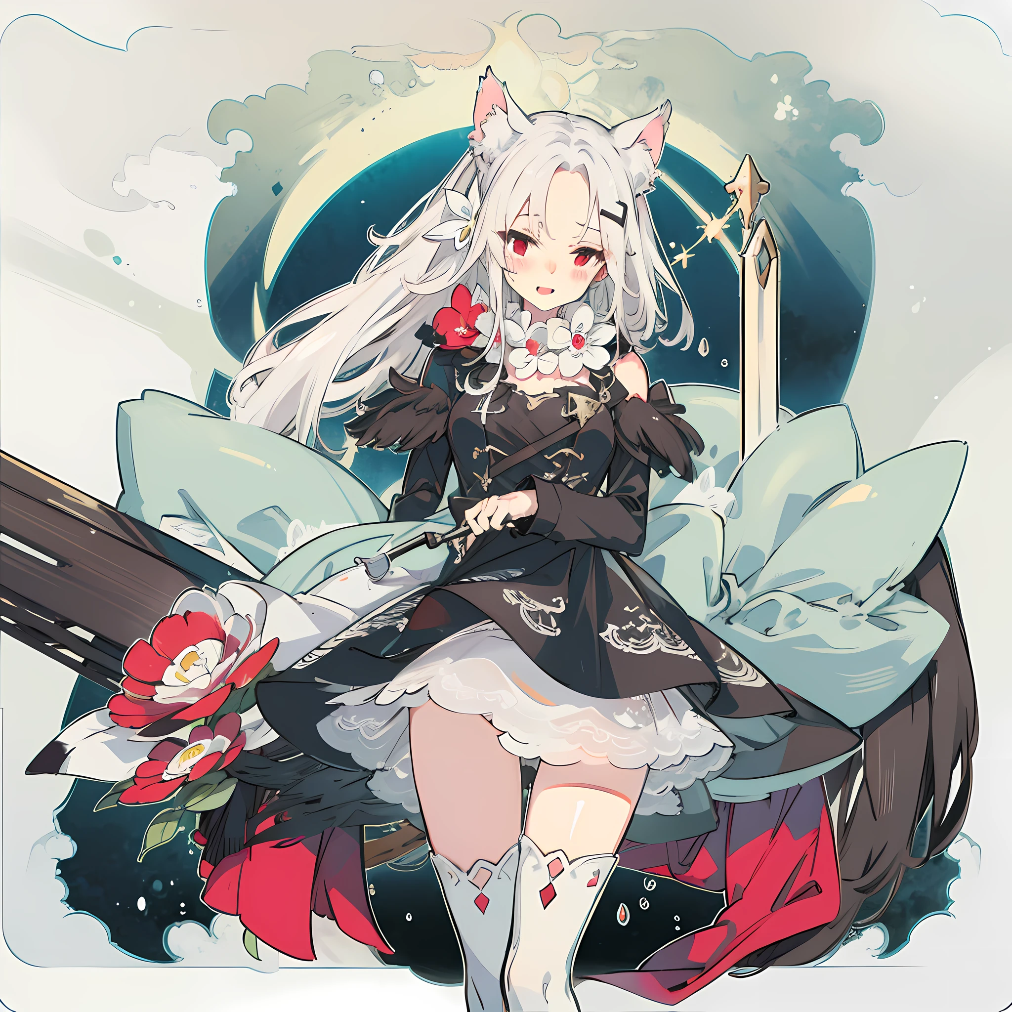 Long head with white hair, cute, red eyes, low cat ears, blushing, vaginal water, making sounds, panting, ****, white stockings, skirt pulled up, leaking out of the lower body, holding an umbrella