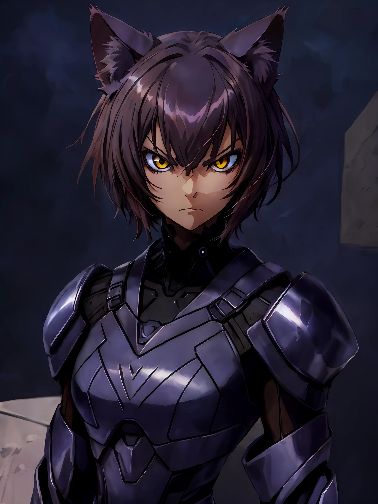 High quality, HD picture quality, an Abyssinian cat female anime character, metal cat, big cat ears, short brown hair, gloss, portrait shooting, serious and stern expression, intimidating pose,