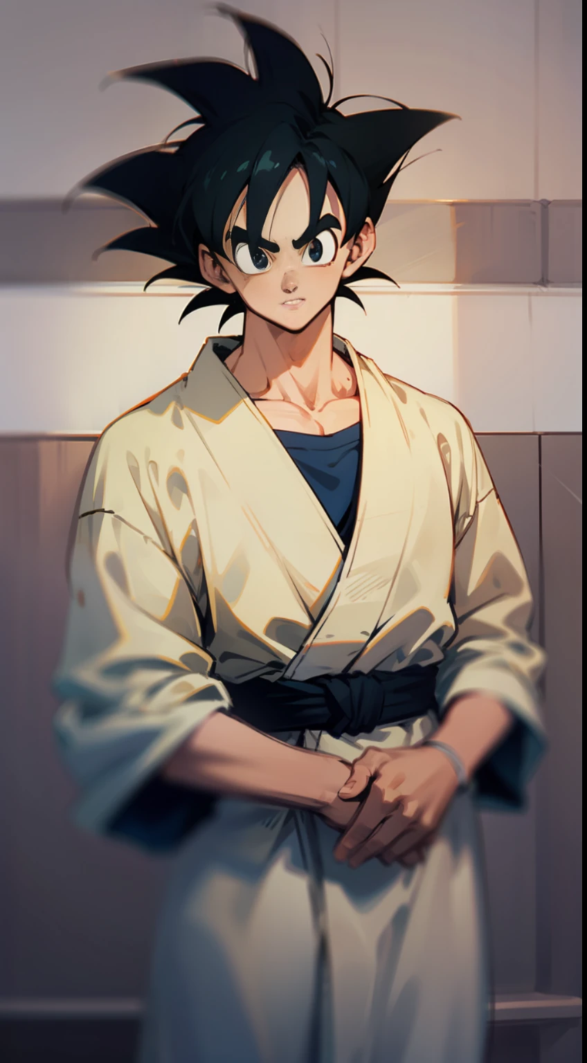 Goku, Dragon Ball, Shounen Style, 2D Graphics, 9:16, Bathrobe, Clear Focus, Look Viewer, Standard Landscape, Proper Lighting, CGI, Best Quality