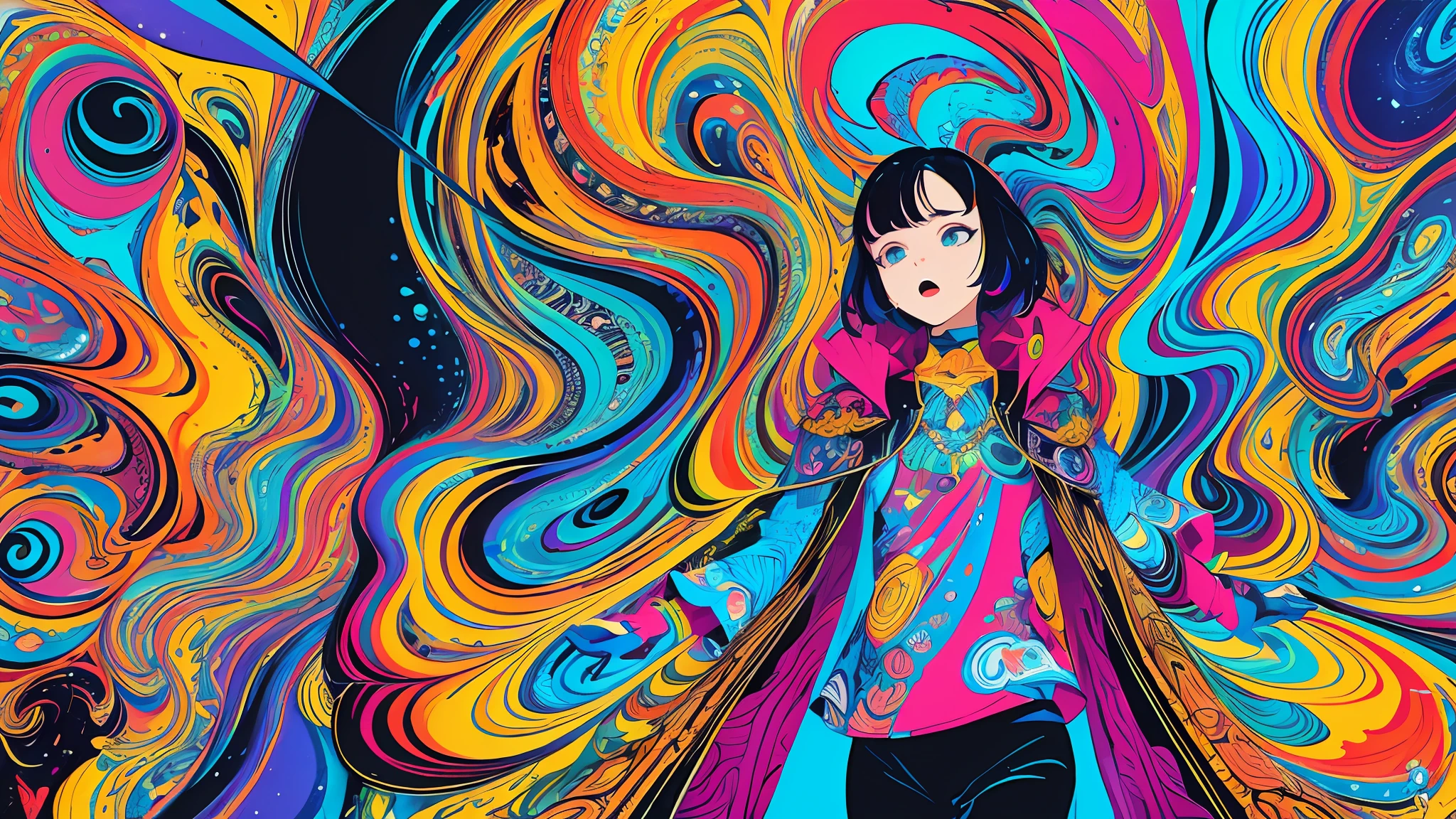 (Psychedelic Art:1.3), (masterpiece, best quality:1.3), 1girl, cel shading, bold outlines, flat colors, sharp shadows, graphic style, (manga influence), clean linework, (striking visuals),multicolored background