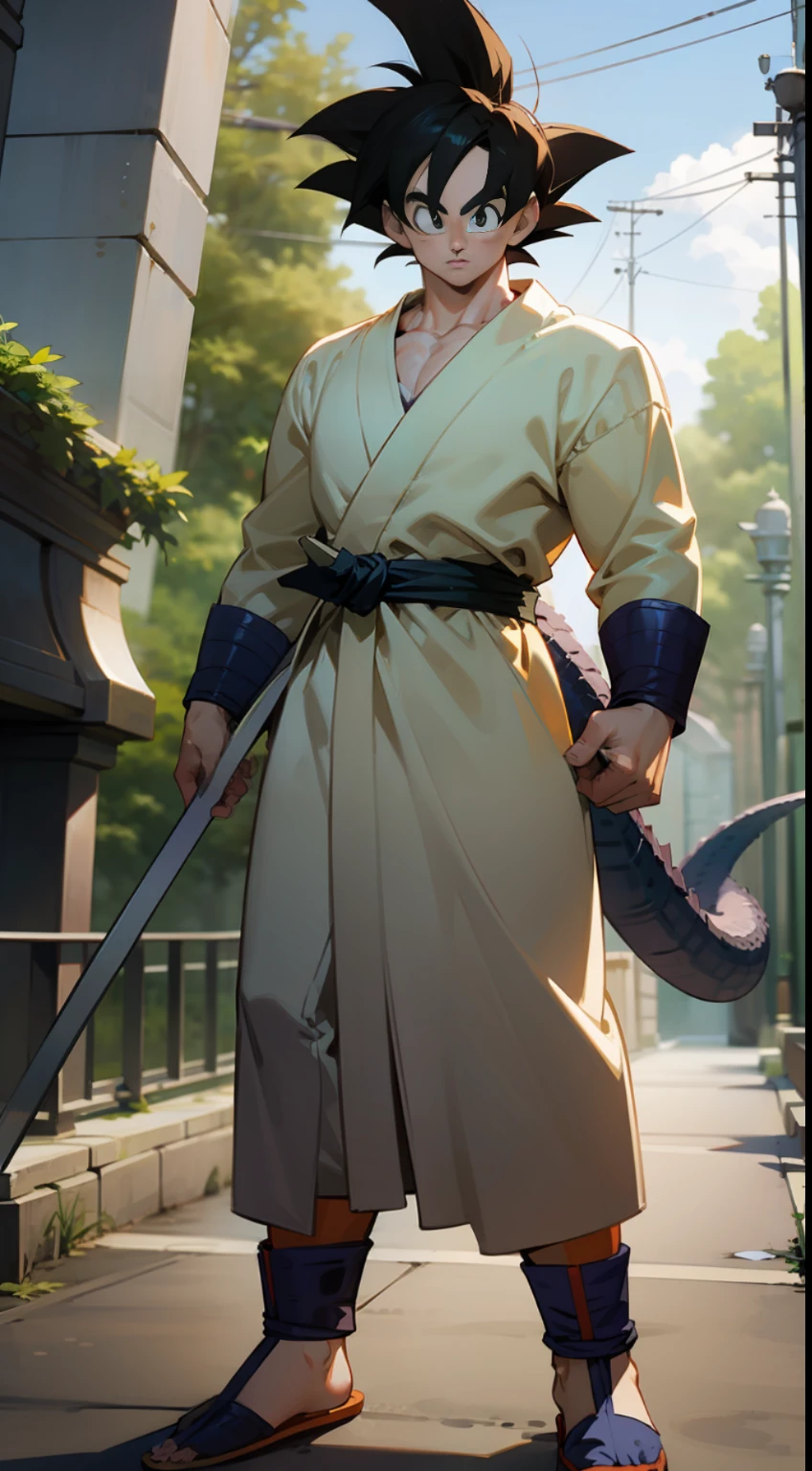Goku, Dragon Ball, Shounen Style, 2D Graphics, 9:16, Bathrobe, Clear Focus, Look Viewer, Standard Landscape, Proper Lighting, CGI, Best Quality