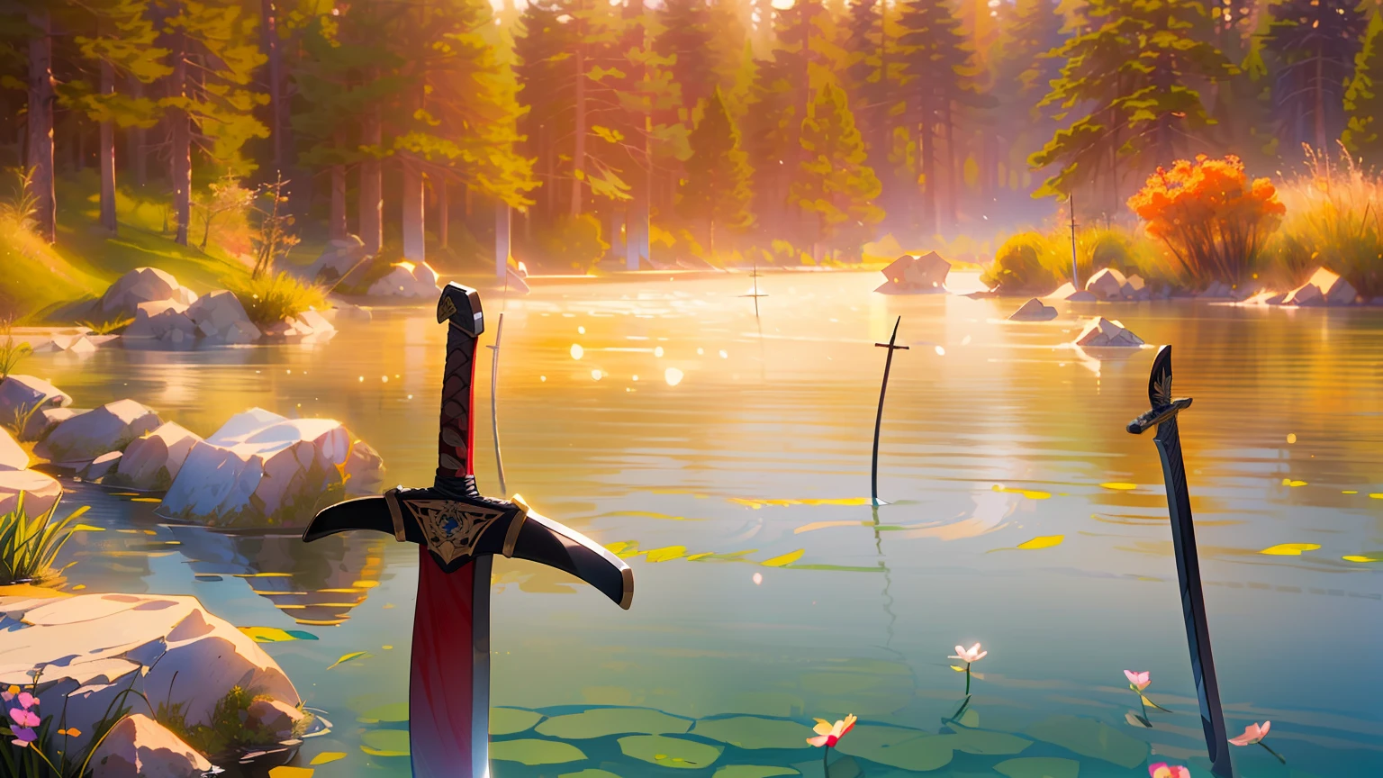 T Bokeh, Depth of Field, HDR, Bloom, Chromatic Aberration, and Intricat (illustration: 1.0), epic composition, realistic lighting, HD details, masterpiece, best quality, (very detailed CG unified 8k wallpaper), sunset, shallow lake, swords sticking from the water, calm, soft light, trees on the other side of the lake, ((many old swords))