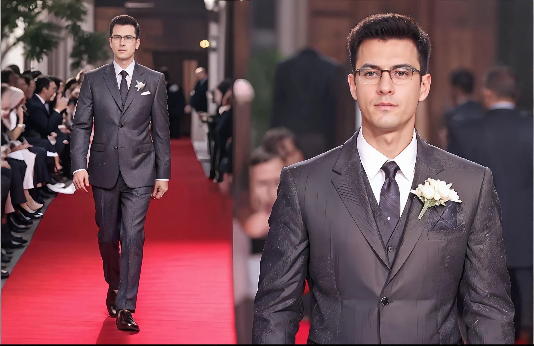 arafed image of a man in a suit and tie walking down a red carpet, inspired by Demetrios Farmakopoulos, 3-piece-suit, style of paolo parente, inspired by Antonio Saura, wearing a suit and glasses, well-groomed model, inspired by Emiliano Di Cavalcanti, handsome and elegant, wearing fashion suit, intricate suit