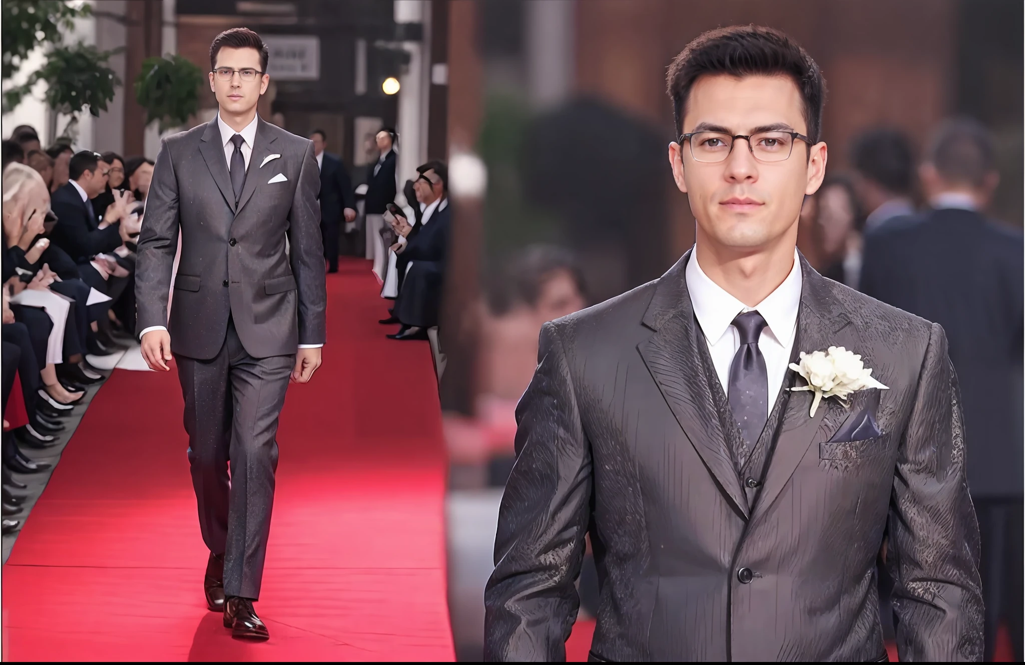 arafed image of a man in a suit and tie walking down a red carpet, inspired by Demetrios Farmakopoulos, 3-piece-suit, style of paolo parente, inspired by Antonio Saura, wearing a suit and glasses, well-groomed model, inspired by Emiliano Di Cavalcanti, handsome and elegant, wearing fashion suit, intricate suit