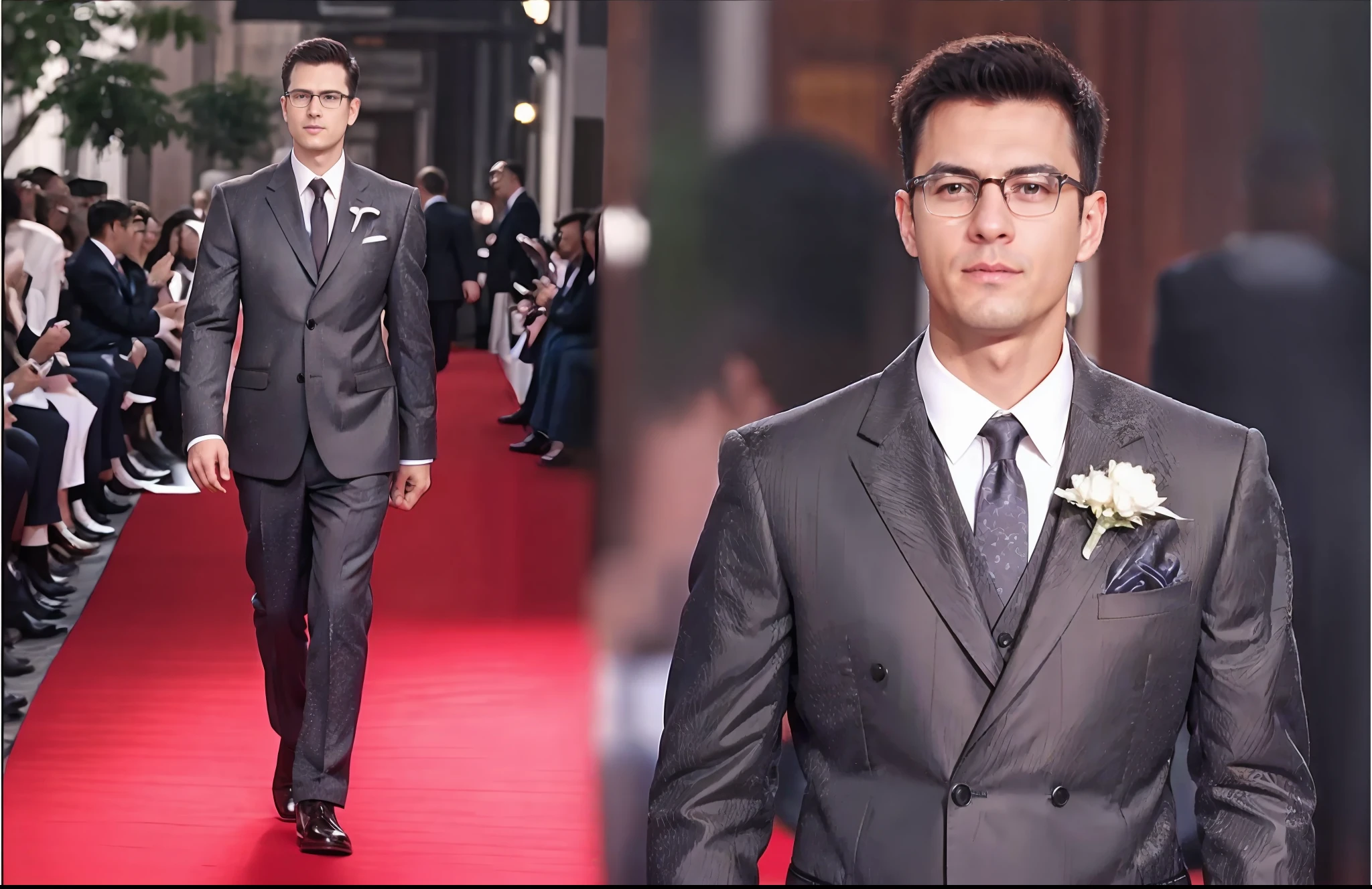 arafed image of a man in a suit and tie walking down a red carpet, inspired by Demetrios Farmakopoulos, 3-piece-suit, style of paolo parente, inspired by Antonio Saura, wearing a suit and glasses, well-groomed model, inspired by Emiliano Di Cavalcanti, handsome and elegant, wearing fashion suit, intricate suit