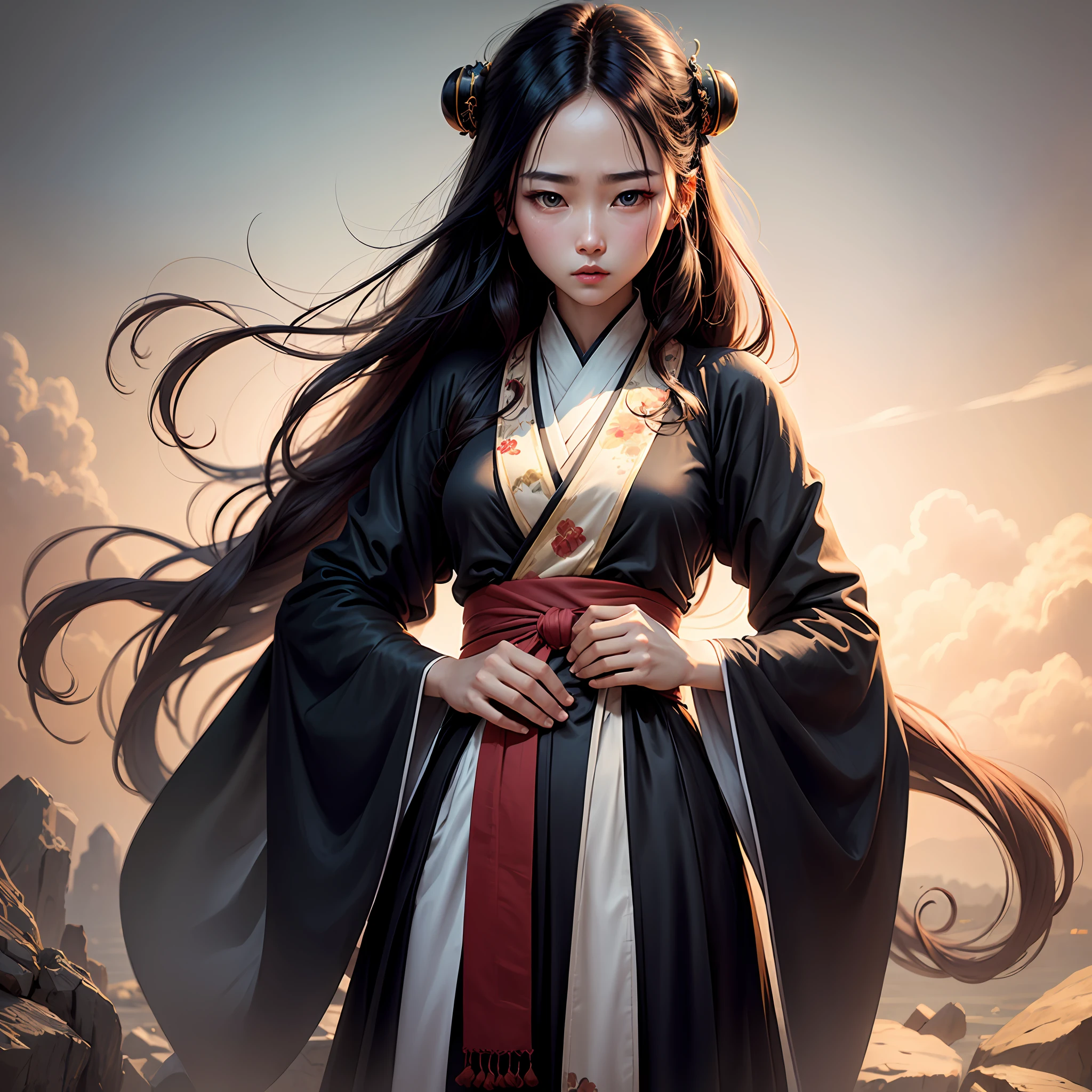 Black long straight, black eyes, hair, fair skin, temperament, Hanfu