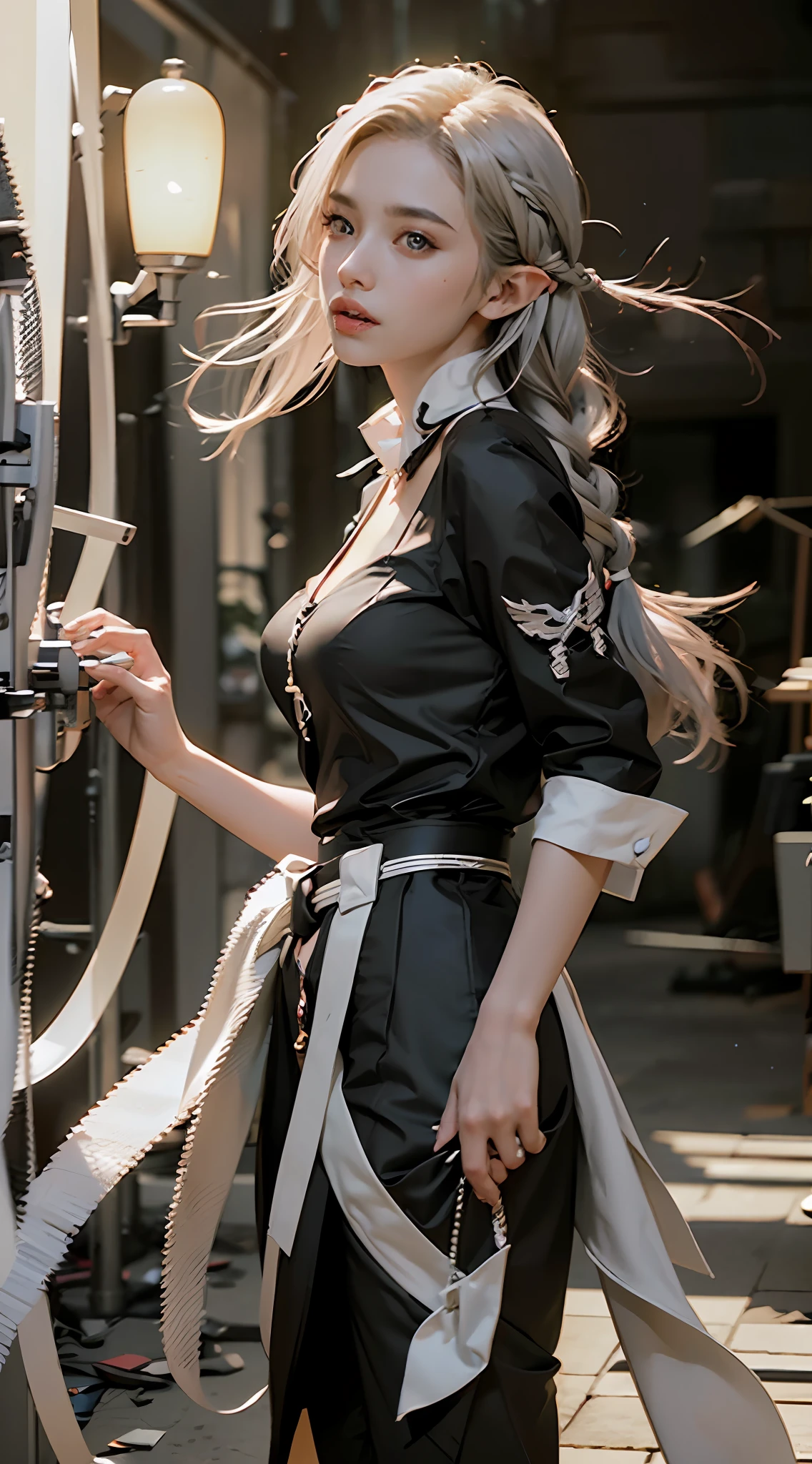 ((Best Quality)), ((Masterpiece)), (Details: 1.4), 3D, A Beautiful Elven Female Figure, ((Long Silver Hair, Braided Hair: 1.9)), Elf Long Ears, (Western European Medieval Style, Metallic, Palace Background: 1.6), Close-up of Face, Extremely Normal Hands, Extremely Normal Legs, HDR (High Dynamic Range), Ray Tracing, NVIDIA RTX, Super-Resolution, Unreal 5, Subsurface scattering, PBR textures, post-processing, anisotropic filtering, depth of field, maximum sharpness and sharpness, multi-layer textures, albedo and highlight maps, surface shading, accurate simulation of light-material interactions, perfect proportions, Octane Render, two-color light, large aperture, low ISO, white balance, rule of thirds, 8K RAW,
