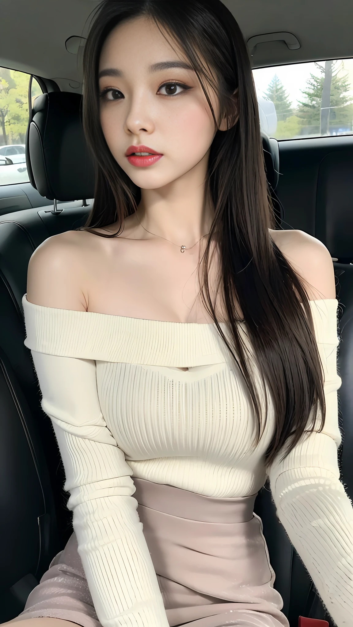 ((Best Quality, 8K, Masterpiece: 1.3)), A beautiful young woman, pure, melon face, gentle and cute, thin figure, (frontal), (tilted head), looking directly at the camera, (loose and thin off-the-shoulder long-sleeved shirt, long skirt), black silky long straight hair, long hair flowing over the shoulders, round black big eyes, clear big eyes, moist red lips, sweet, sitting in the car,