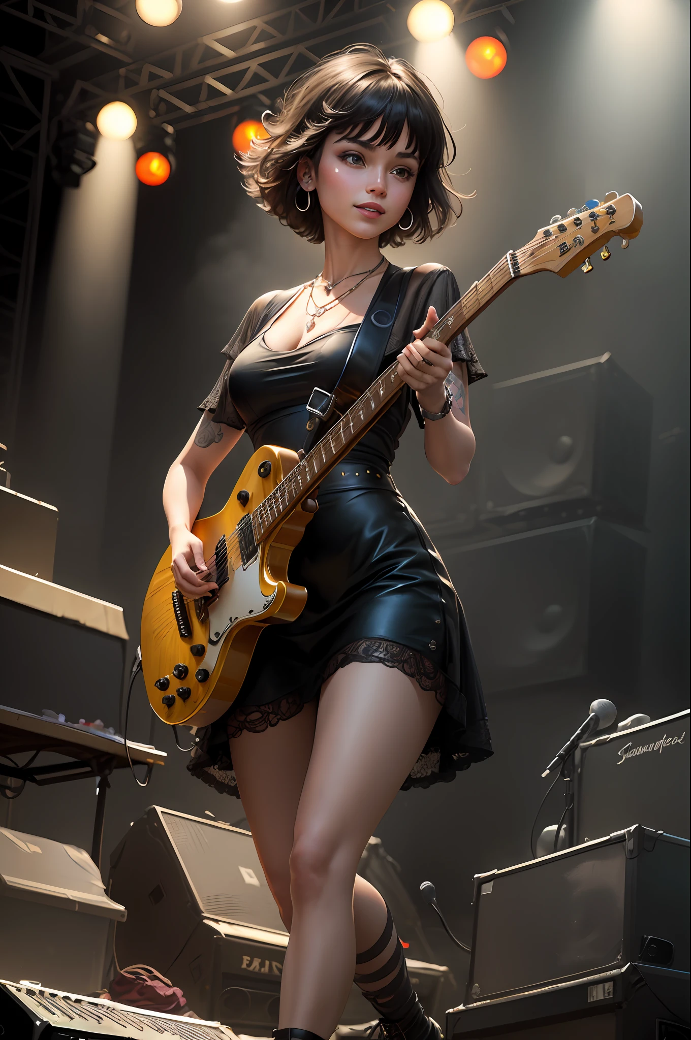 full body, walking pose, slow motion, emo girl swinging a guitar, heavy tattoo with gothic summer dress, black girl hair and green highlight, (detail fabric clothing), heavy metal guitar and stitched leather, chest tattoo, hair, short hair with bangs, detailed face, ((highly detailed skin, visible pores, short hair with jewelry with necklace detail)), body tone, small breasts, (incredibly detailed, flower: 1.5), (high quality, Alessandro Casagrande, Greg Rutkowski, Sally Mann, concept art, 4k),, (high sharpness), (detailed students:1.1), (painting:1.1), (digital painting:1.1), detailed face and eyes, Masterpiece, best quality, (gothic makeup, clear eyes and mischievous smile, sexy, skinny, thick bangs, beauty), (highly detailed photo: 1.1), 8k, photorealistic, automatic white balance, mastoid process, invisible hand, HDR, ((detailed background, large concert stage, mucis festival live performance, rock band)), by jeremy mann, by sandra chevrier, by maciej kuciara, sharp, (perfect body: 1.1), realistic, real shadow, 3d, (by Michelangelo)