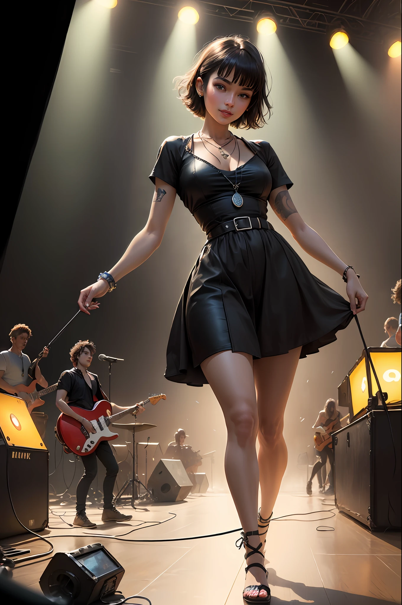 full body, walking pose, slow motion, emo girl swinging a guitar, heavy tattoo with gothic summer dress, black girl hair and green highlight, (detail fabric clothing), heavy metal guitar and stitched leather, chest tattoo, hair, short hair with bangs, detailed face, ((highly detailed skin, visible pores, short hair with jewelry with necklace detail)), body tone, small breasts, (incredibly detailed, flower: 1.5), (high quality, Alessandro Casagrande, Greg Rutkowski, Sally Mann, concept art, 4k),, (high sharpness), (detailed students:1.1), (painting:1.1), (digital painting:1.1), detailed face and eyes, Masterpiece, best quality, (gothic makeup, clear eyes and mischievous smile, sexy, skinny, thick bangs, beauty), (highly detailed photo: 1.1), 8k, photorealistic, automatic white balance, mastoid process, invisible hand, HDR, ((detailed background, large concert stage, mucis festival live performance, rock band)), by jeremy mann, by sandra chevrier, by maciej kuciara, sharp, (perfect body: 1.1), realistic, real shadow, 3d, (by Michelangelo)