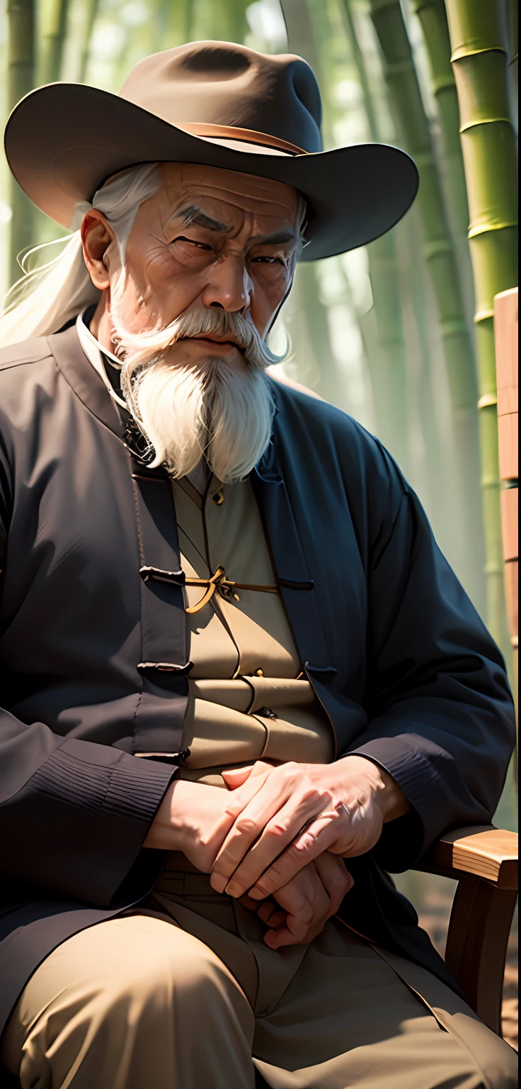 Close-up of an old man with a long white beard and a hat, a Taoist master, inspired by Zhang Tianshi, sitting in a bamboo chair preaching reason, the characters are real, realistic, 2D humanoid, front picture
