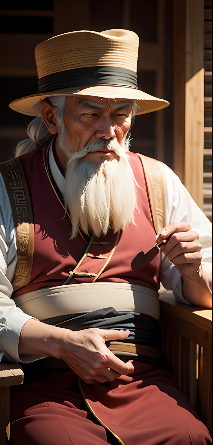 Close-up of an old man with a long white beard and a hat, a Taoist master, inspired by Zhang Tianshi, sitting in a bamboo chair preaching reason, the characters are real, realistic, 2D humanoid, front picture