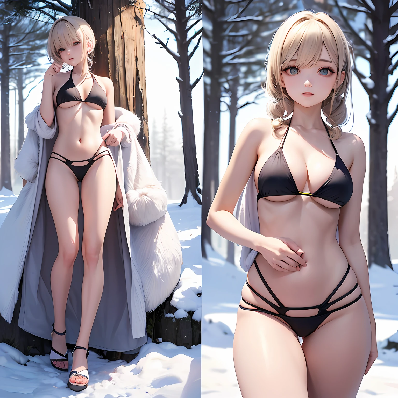 ((Top Quality, 8k, Masterpiece: 1.3)), 1 Girl, Side Shot: 1.2, Beautiful Burmese Woman With Slender Abs: 1.3, (Casual Hairstyle, Big: 1.2), Bikini, Snowy Forest, Trembling Face, Cold, Ultra Detailed Face, Detailed Eyes, Double Eyelids, Full Body --auto