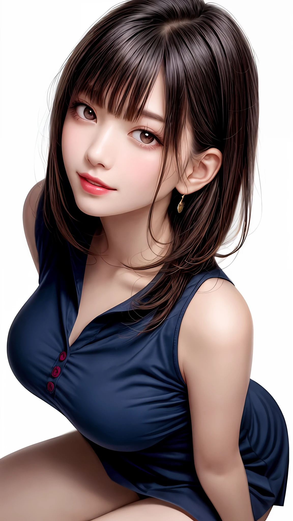 Pee (incontinence: 1.47), fashion trendy beautiful and attractive woman, gentle and attractive Chinese beautiful woman, Korean (kpop idol), delicate and sexy collarbone, attractive oval face, double eyelids, smart [peach] flower eyes, pink lips, small nose, bare shoulders, focus on face, [[face close-up], ultra high definition, super detail, White off-shoulder lace shirt, (((white lace panties), fresh and impressive, natural (large: 1.25), (kneel on the ground), (legs wide open), (legs spread), (from a low angle), (upright 1.5), (shiny skin: 1.4), (low angle)), perfect figure, areola, cleavage, armpit wrinkles, (floor urine)), (NSFW: 1.05), ( Showpiece, top quality, high precision)), one girl, (big, photorealistic: 1.4), (slightly above the camera, looking up at the camera, looking up, looking up at the camera, staring at the camera))), solo, solo, white background, snow-white background, mouth closed, happy smile, pretty black hair, short hair, big eyes, pronounced double eyelids, eyelashes, ears out, long neck, long neck, Absolute area, ((close-up of face, short hair with bangs)), 19 years old, attractive proportions, shiny skin, clean collarbone, golden ratio face, perfect face, teardrop mole, chest mole, bangs, clean bangs, beautiful bangs, lip gloss, thin lips, white skin, undressed, big breasts, small face, staring at the camera a little upwards, ((smiling a little at the camera, really nothing pure white background, very big, big big, big breasts)), ((((uniform, shirt))))