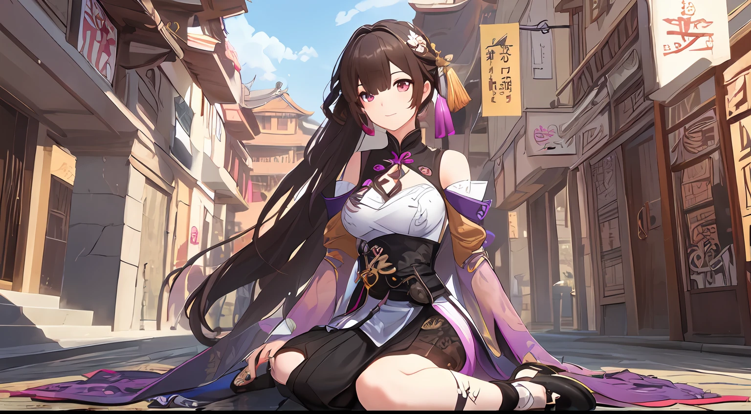 (1girl, floating hair, delicate and flexible eyes:1.2), (full body, ancient Chinese architecture ,sushang:1.2 ),(Purple tachi:1.3), fov, f/1.8, blue sky, flower petals flying, front portrait shot, side lighting, sunlight on people (masterpiece, best quality, detailed shiny skin:1.2), flawless, 8k, RAW, highres,absurdres, colorful cloud, sunline, power scene,looking at viewer, overall view,wariza/w-sitting,