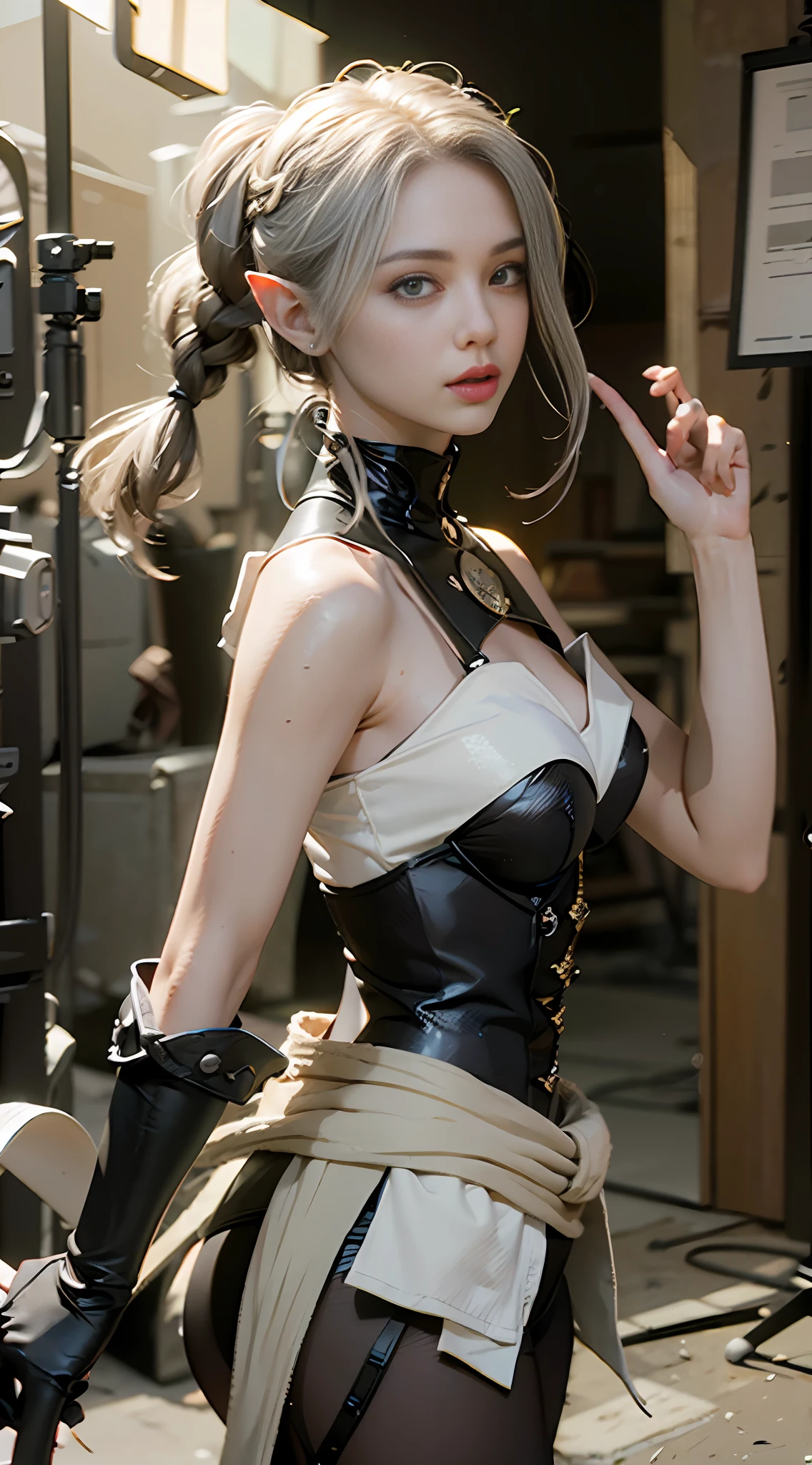 ((Best Quality)), ((Masterpiece)), (Details: 1.4), 3D, A Beautiful Elven Female Figure, ((Long Silver Hair, Braided Hair: 1.9)), Elf Long Ears, (Western European Medieval Style, Metallic, Palace Background: 1.6), Close-up of Face, Extremely Normal Hands, Extremely Normal Legs, HDR (High Dynamic Range), Ray Tracing, NVIDIA RTX, Super-Resolution, Unreal 5, Subsurface scattering, PBR textures, post-processing, anisotropic filtering, depth of field, maximum sharpness and sharpness, multi-layer textures, albedo and highlight maps, surface shading, accurate simulation of light-material interactions, perfect proportions, Octane Render, two-color light, large aperture, low ISO, white balance, rule of thirds, 8K RAW,
