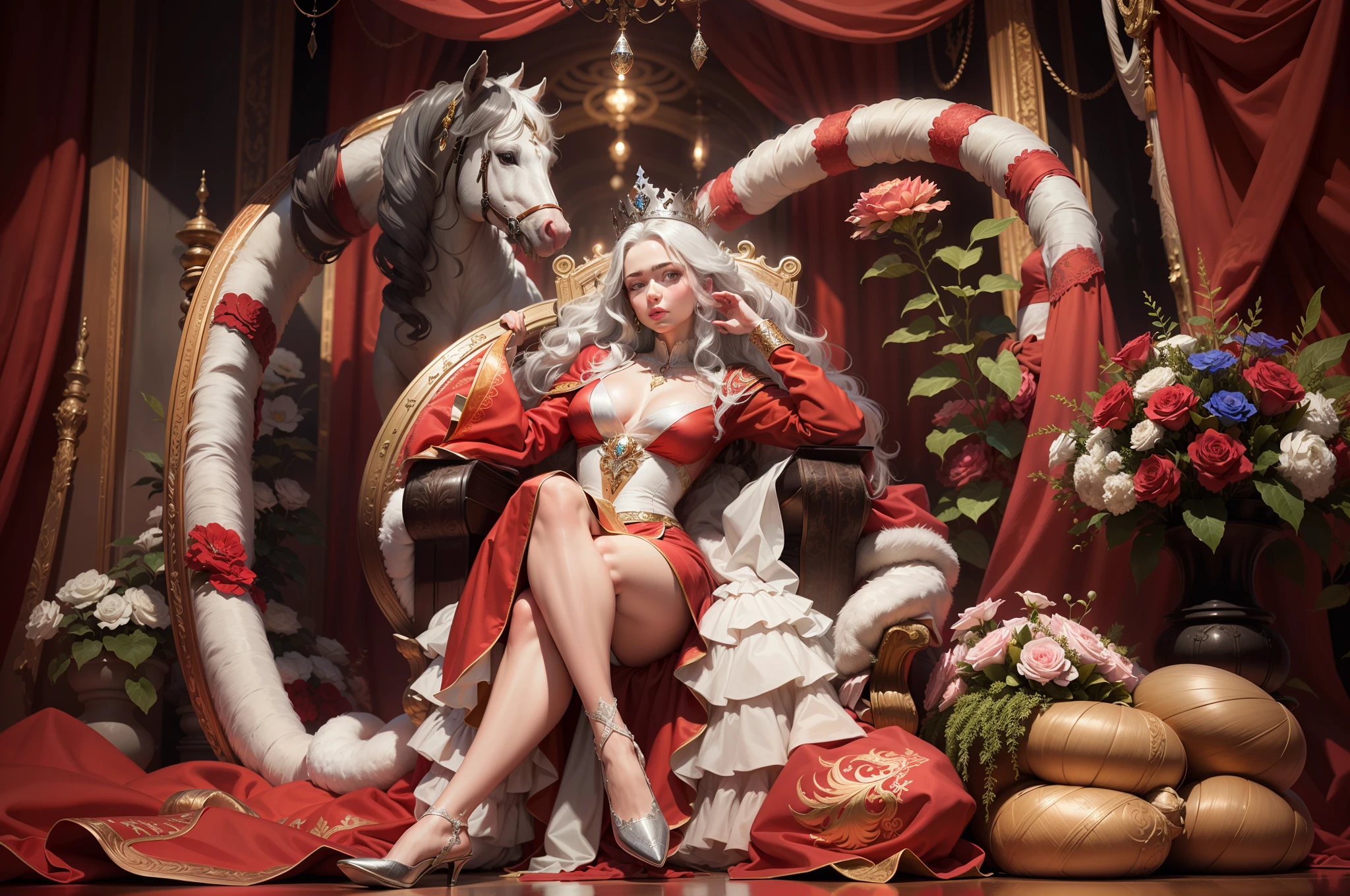 regal queen, white hair,  intricate crown, silver detailing, royalty, intricate white gown, silver inlay, delicate, intricate septor, white ,sharp focus, illustration, highly detailed, masterpiece, photorealistic, high quality, 4k