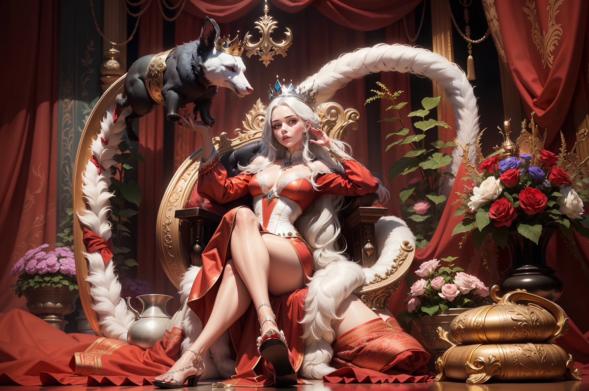 regal queen, white hair,  intricate crown, silver detailing, royalty, intricate white gown, silver inlay, delicate, intricate septor, white ,sharp focus, illustration, highly detailed, masterpiece, photorealistic, high quality, 4k
