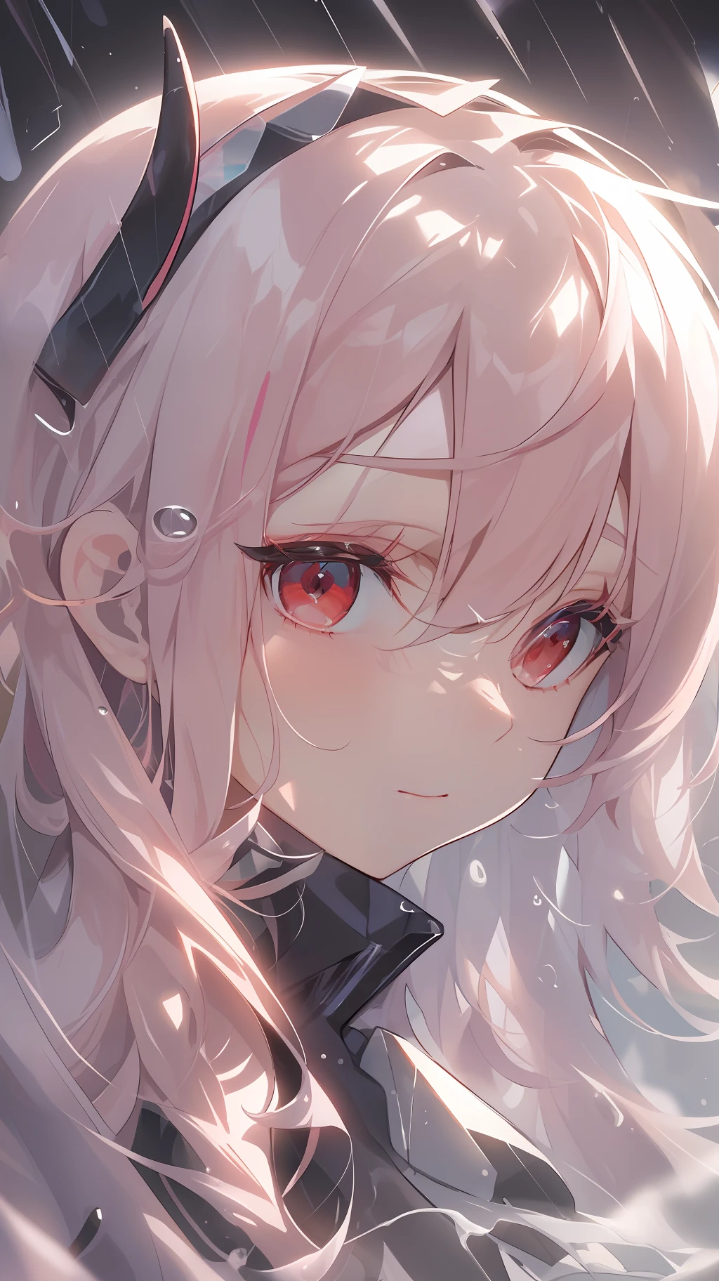 (2D Animation Style: 1.4), (Japanese Animation: 1.9), HD, (Golden Lighting: 1, 4), White Skin, Full Image Light, Mecha, Horn, (Clear Eyes), White Sunlight, Hair Glowing, (((Falling Raindrops))), (Dear in Franks\), Dear in Franks, 1 girl, bangs, shadow, Danphoenix eyes, small eyes, long hair, Looking at the viewer, closing eyes, ((((portrait))), green_ eyes, water, simple_background, air_bubble, (lighting: 1.3), sun on face, lipstick, makeup, white hair, red eye shadow, close_up face, girly, tight skin, solo, n twist, calm, (18 years old), (rich details), (Twist: 1.4), hair full of light to white, white background, (horizontal shot: 1.3), side face, close-up, (background blurred), (red eyes), top face, light particles, lighting on face and pink hair, dragon horn, hair band, strong light, delicate skin, delicate light, long eyelashes, fine eyebrows, delicate face, long face, (upper half of the face:2）, 🙂🙂🙂🙂🙂🙂🙂🙂🙂🙂🙂