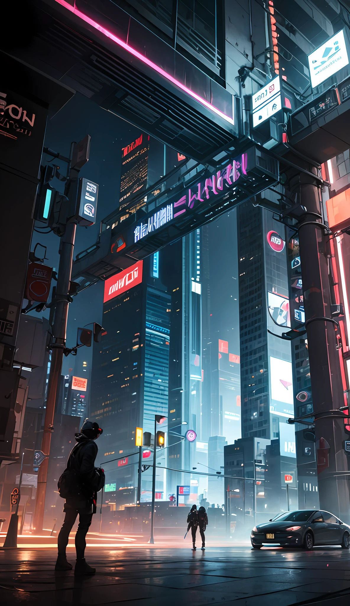 cyberpunk style, high tech, futuristic world, metropolis scene, mechanical transformation, digitalization, augmented reality, social issues, dark/low light effects, neon lights and shadows, dystopia, free will and control, corruption and injustice, technological elements, virtual reality, human-machine fusion, data flow and code, urban transportation, artificial intelligence, network and information security, masterpiece, ultra-detailed detail, 8K hd, highest quality