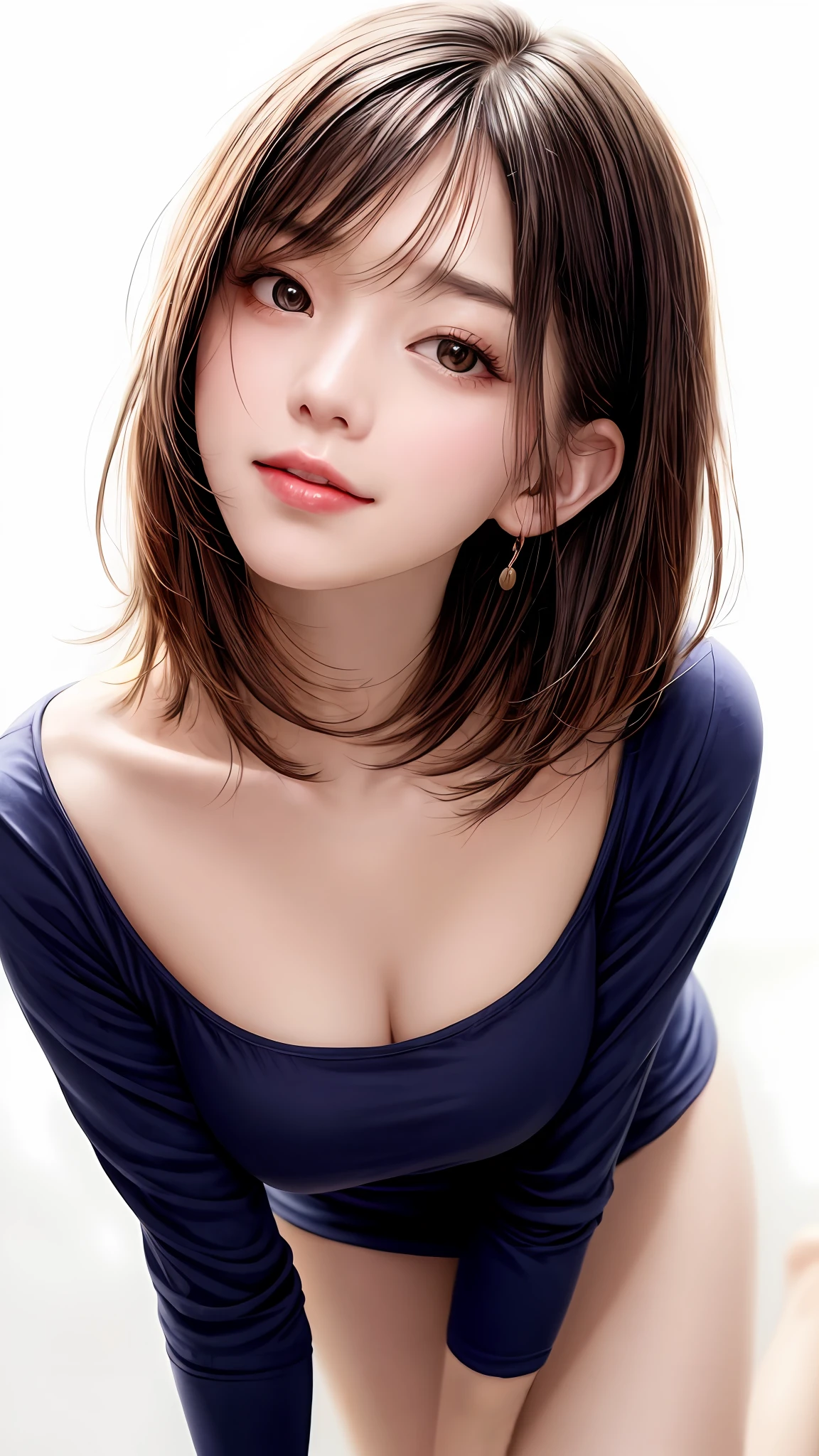 Pee (incontinence: 1.47), fashion trendy beautiful and attractive woman, gentle and attractive Chinese beautiful woman, Korean (kpop idol), delicate and sexy collarbone, attractive oval face, double eyelids, smart [peach] flower eyes, pink lips, small nose, bare shoulders, focus on face, [[face close-up], ultra high definition, super detail, White off-shoulder lace shirt, (((white lace panties), fresh and impressive, natural (large: 1.25), (kneel on the ground), (legs wide open), (legs spread), (from a low angle), (upright 1.5), (shiny skin: 1.4), (low angle)), perfect figure, areola, cleavage, armpit wrinkles, (floor urine)), (NSFW: 1.05), ( Showpiece, top quality, high precision)), one girl, (big, photorealistic: 1.4), (slightly above the camera, looking up at the camera, looking up, looking up at the camera, staring at the camera))), solo, solo, white background, snow-white background, mouth closed, happy smile, pretty black hair, short hair, big eyes, pronounced double eyelids, eyelashes, ears out, long neck, long neck, Absolute area, ((close-up of face, short hair with bangs)), 19 years old, attractive proportions, shiny skin, clean collarbone, golden ratio face, perfect face, teardrop mole, chest mole, bangs, clean bangs, beautiful bangs, lip gloss, thin lips, white skin, undressed, big breasts, small face, staring at the camera a little upwards, ((smiling a little at the camera, really nothing pure white background, very big, big big, big breasts)), ((((uniform, shirt))))