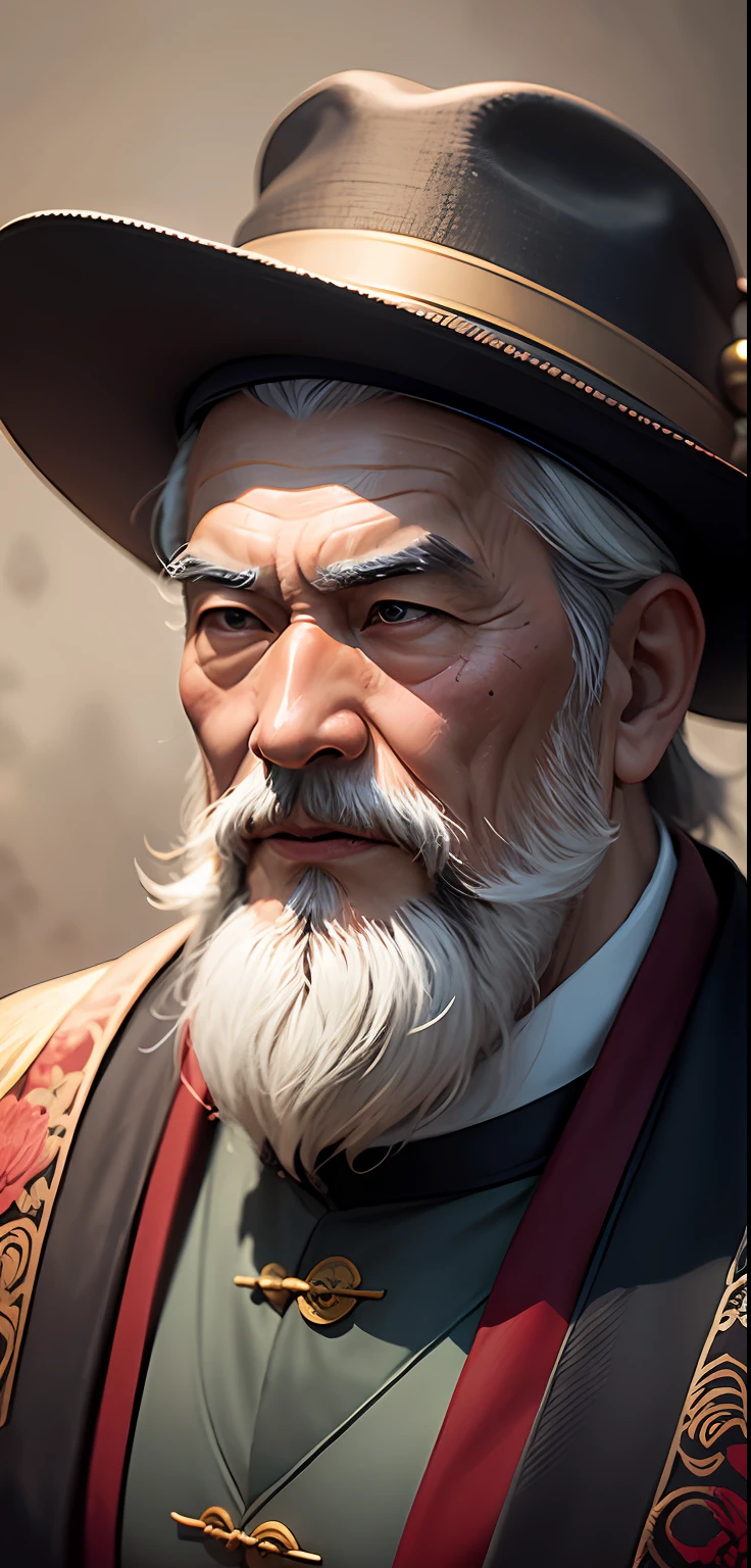 Chinese Taoist master Zhang Daoling, close-up of old man with long white beard and hat, inspired by Zhang Tianshi, character real, realistic, 2D humanoid, front picture