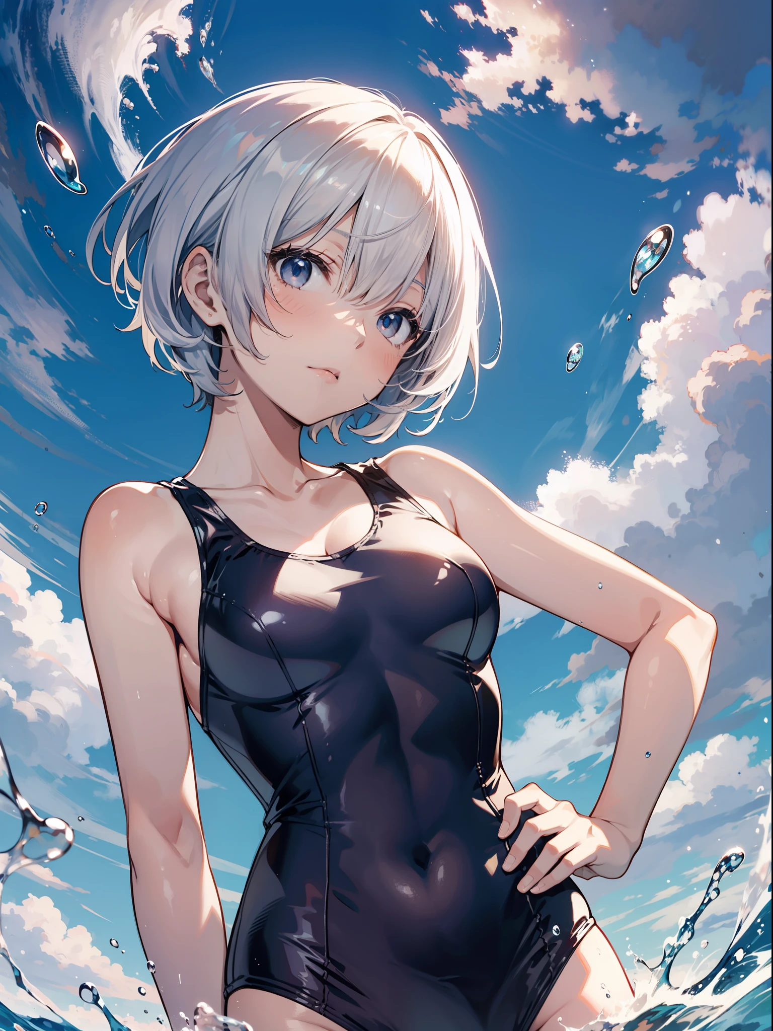 slender beautiful girl, alone, Evan Ferion plug suit, Rei Ayanami, school swimsuit, top quality, fine details, no blush, small breasts, small eyes, blue sky, splashing, pose with hands on hips